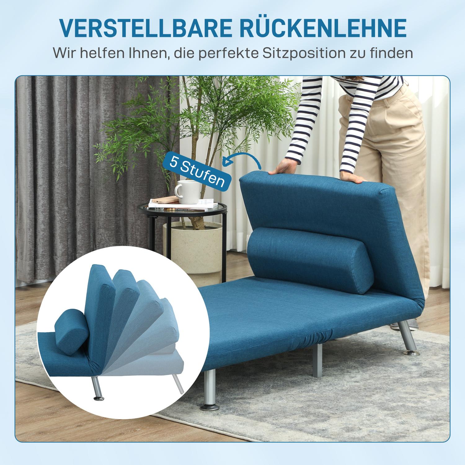 Hopfällbar fåtölj med sängfunktion, hopfällbar relaxstol i linnelook, justerbart ryggstöd, 75 x 70 x 75 cm, blå