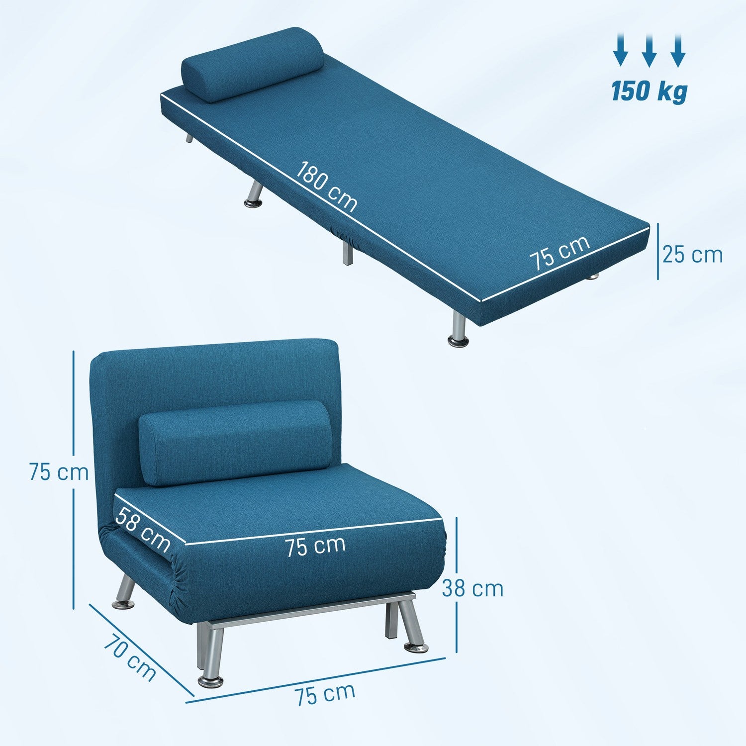Hopfällbar fåtölj med sängfunktion, hopfällbar relaxstol i linnelook, justerbart ryggstöd, 75 x 70 x 75 cm, blå