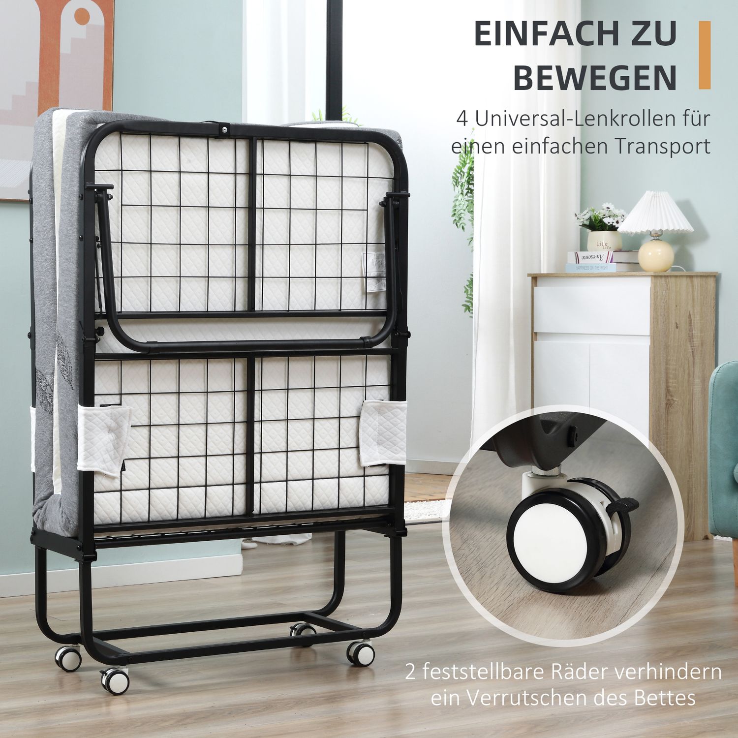 Hopfällbar gästsäng med hjul, stålram, 200x75x42,5Cm