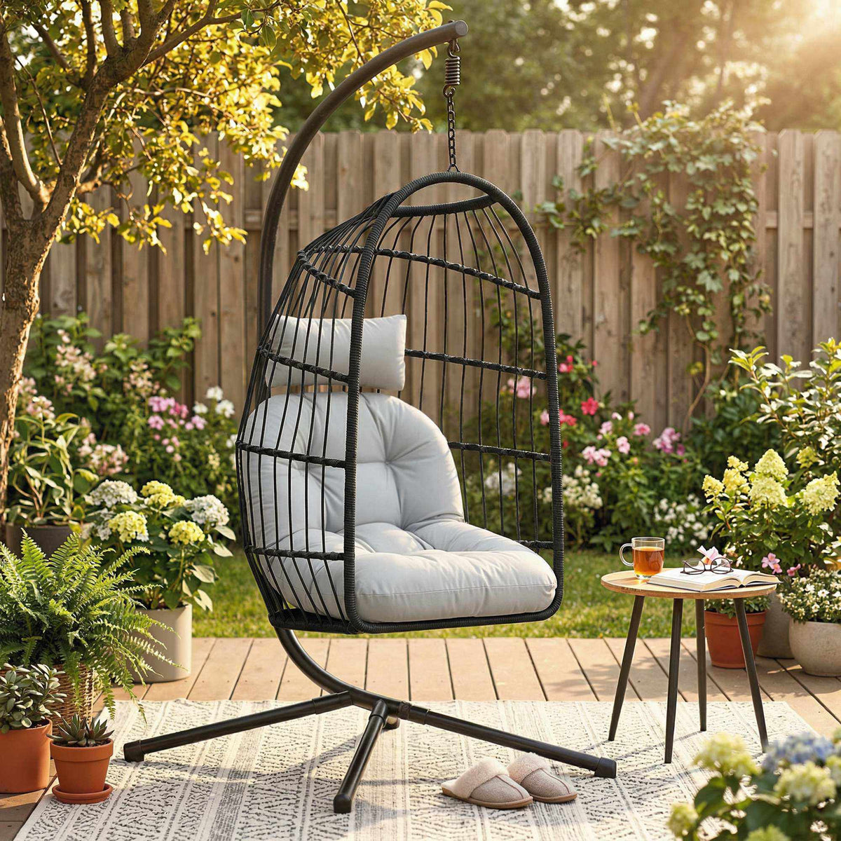 Sammenleggbar hengestol i polyrattan med stativ og puter
