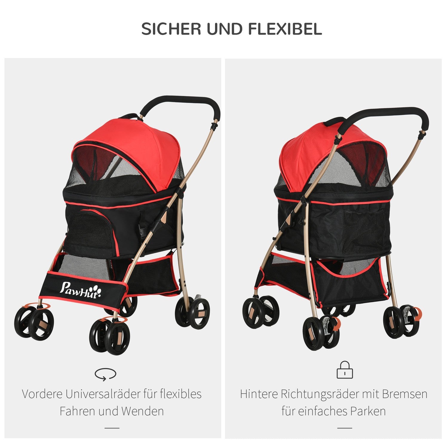 Hopfällbar hundvagn med kudde, nätfönster, Oxford-tyg