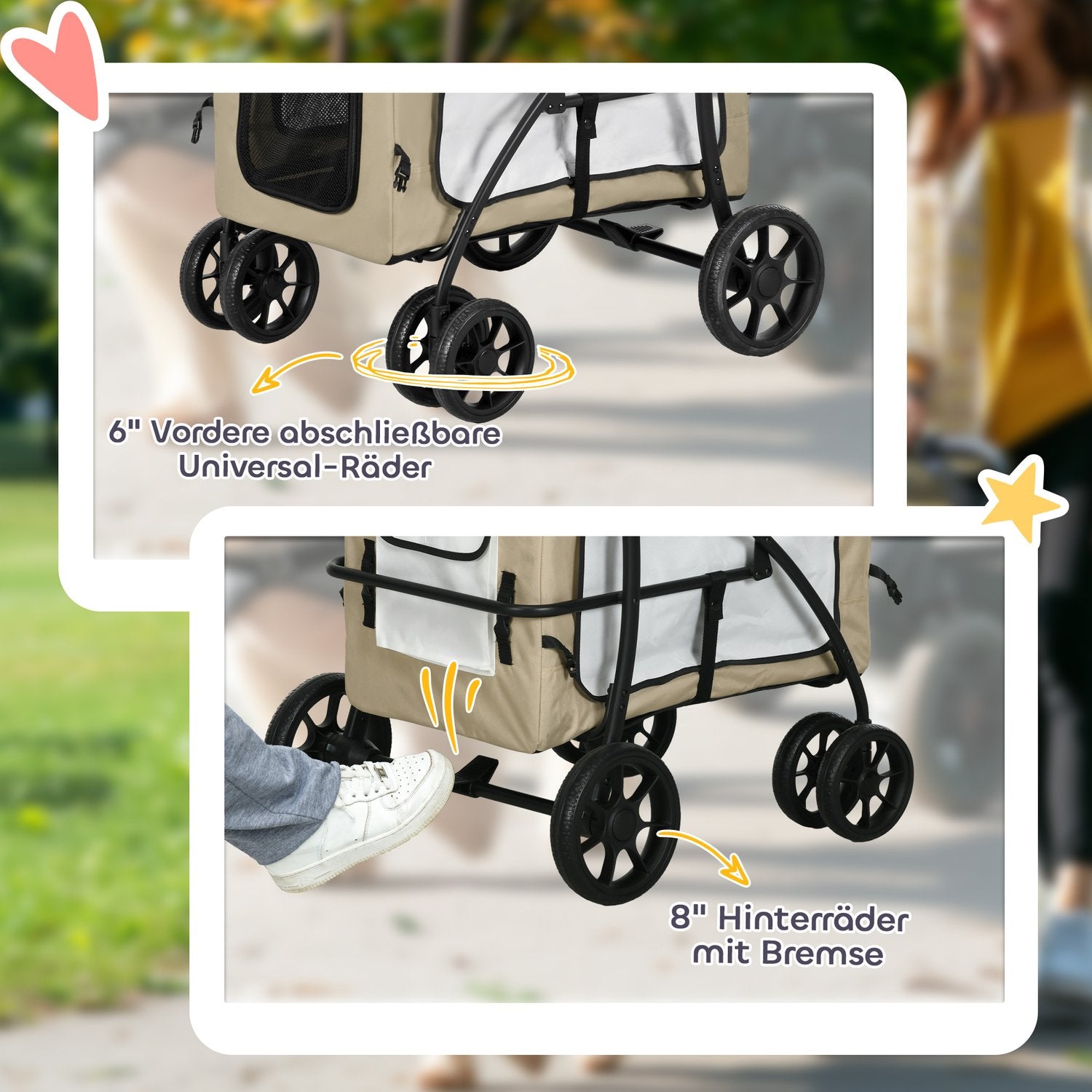 Hopfällbar husdjursvagn – Avtagbar väska, 4-hjulsbromsar
