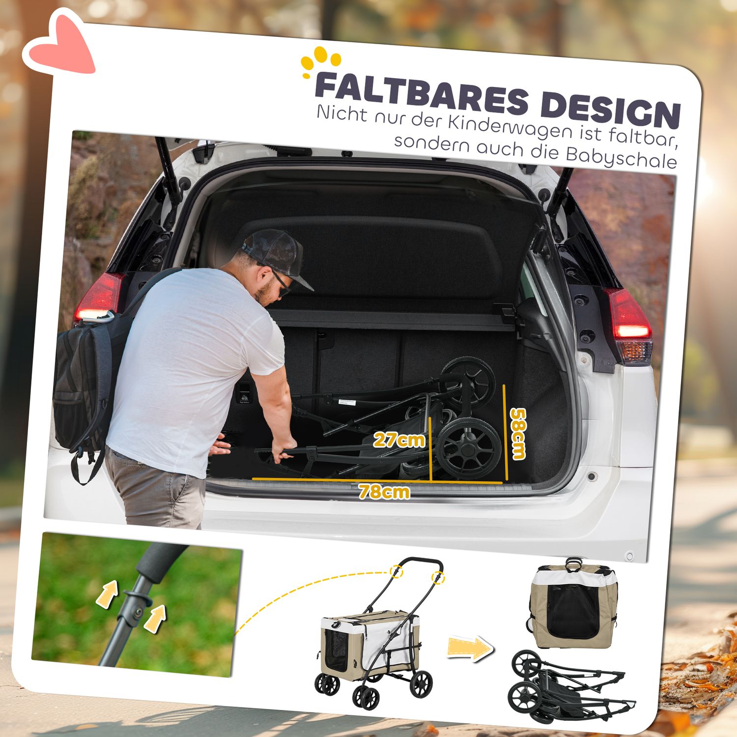 Hopfällbar husdjursvagn – Avtagbar väska, 4-hjulsbromsar