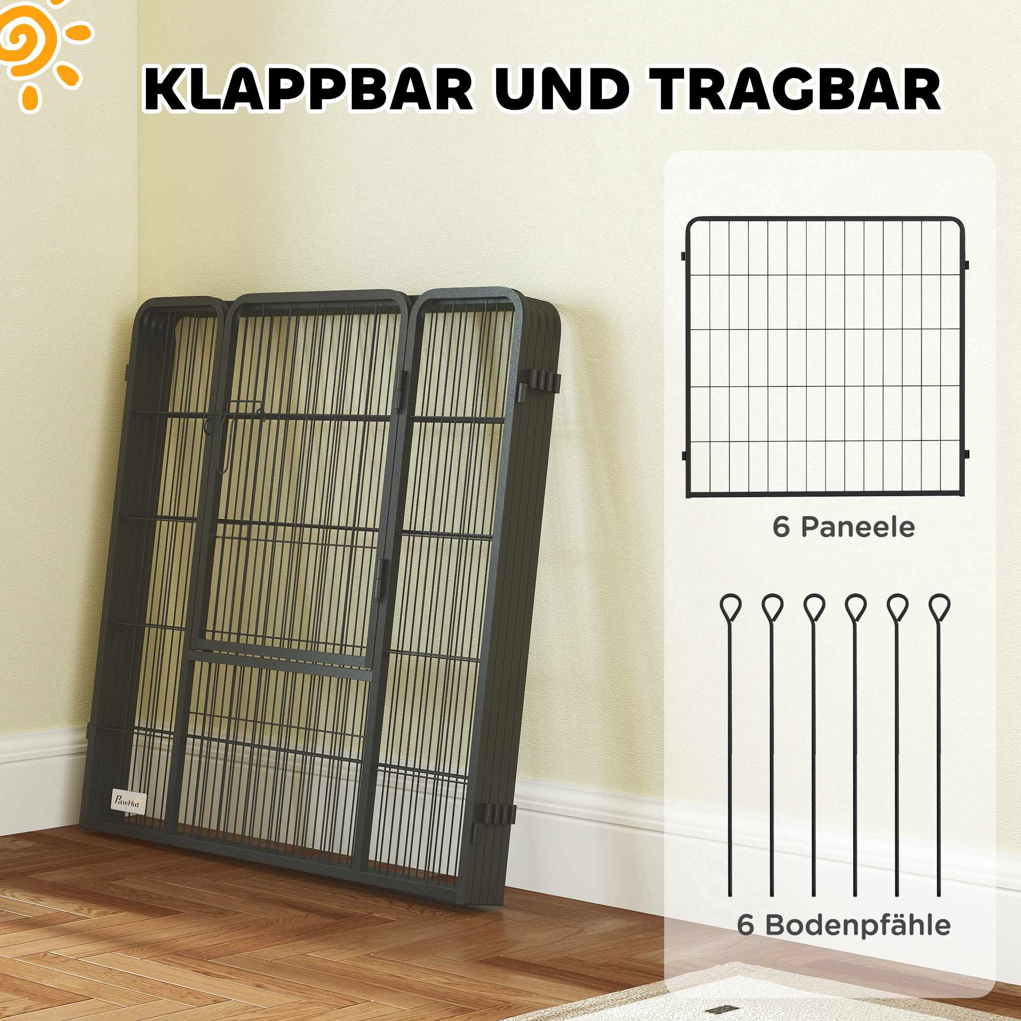 Hopfällbar lekhage i stål för husdjur, 6 paneler, grå