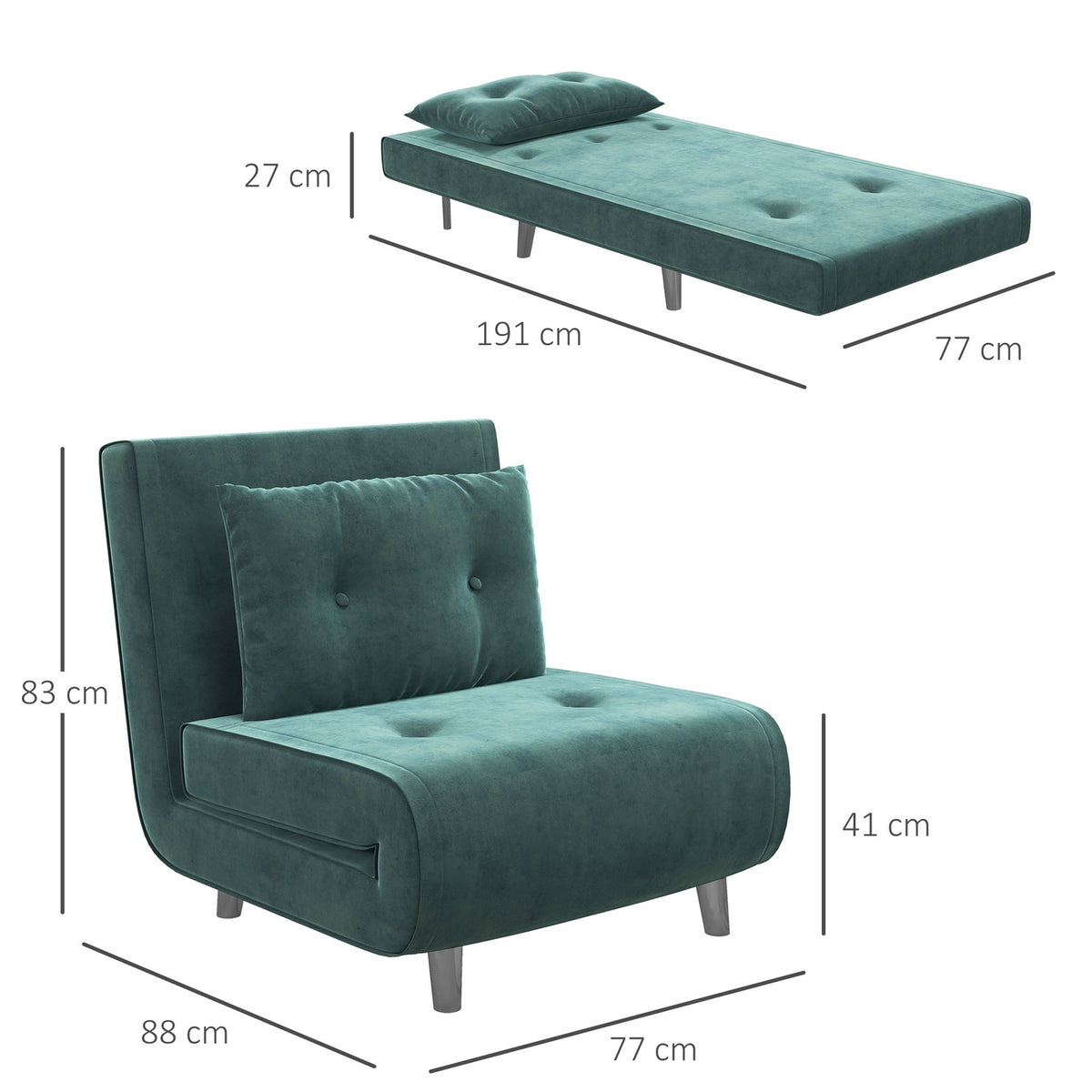 Sammenleggbar sofa og sovesofa med puter, fløyelslook, grønn