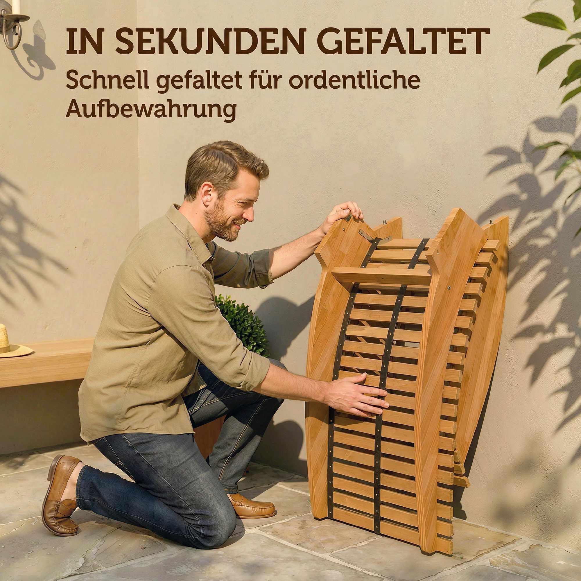 Hopfällbar solsäng i akaciaträ, ergonomisk S-formad design
