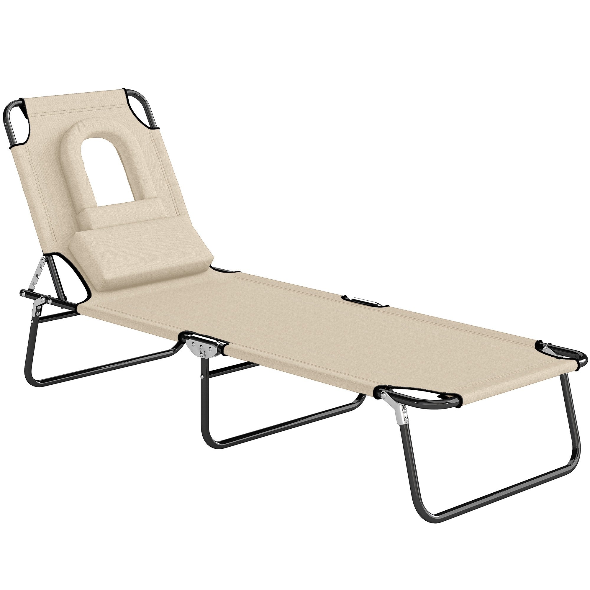 Hopfällbar solsäng med ansiktshål, stålram, beige