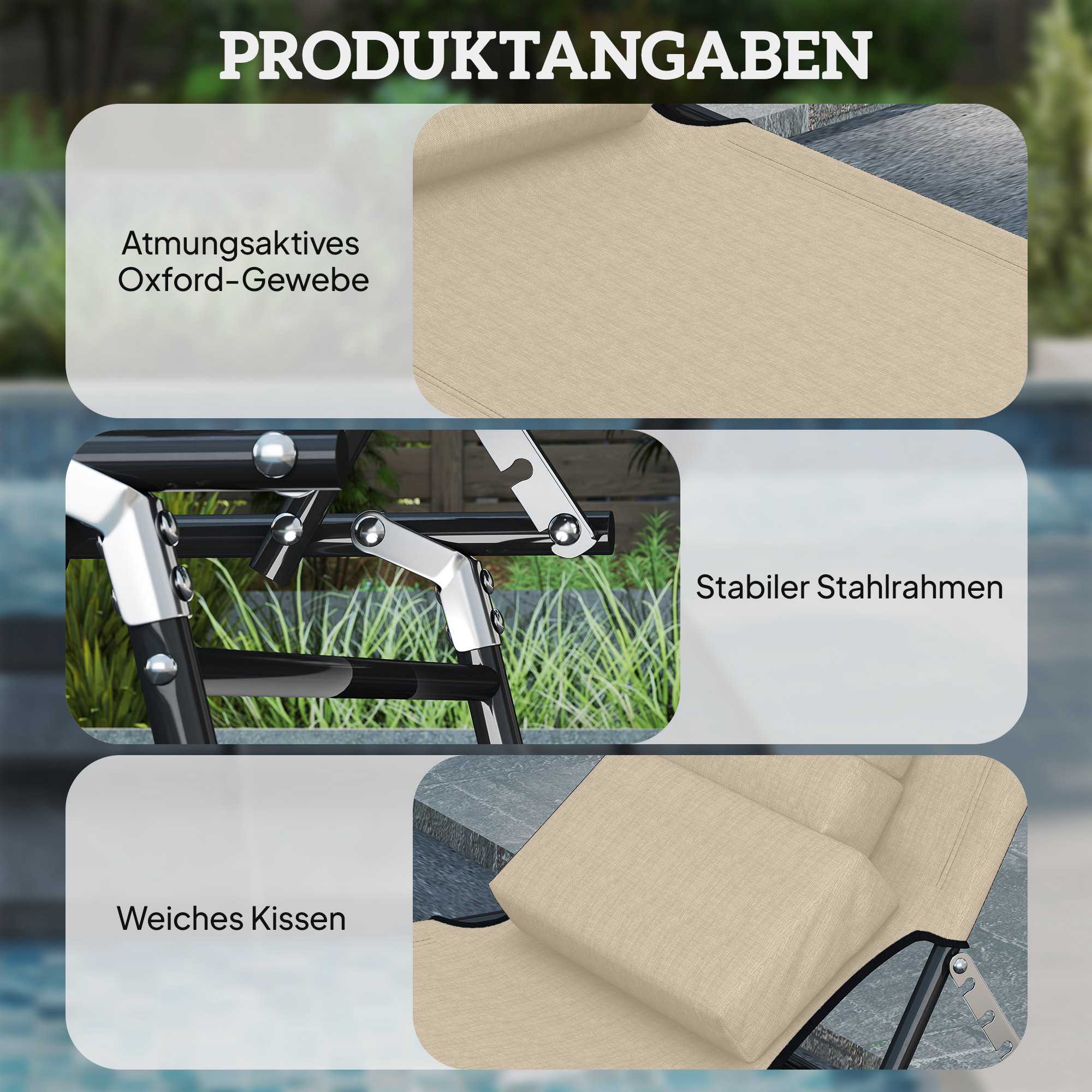 Hopfällbar solsäng med ansiktshål, stålram, beige
