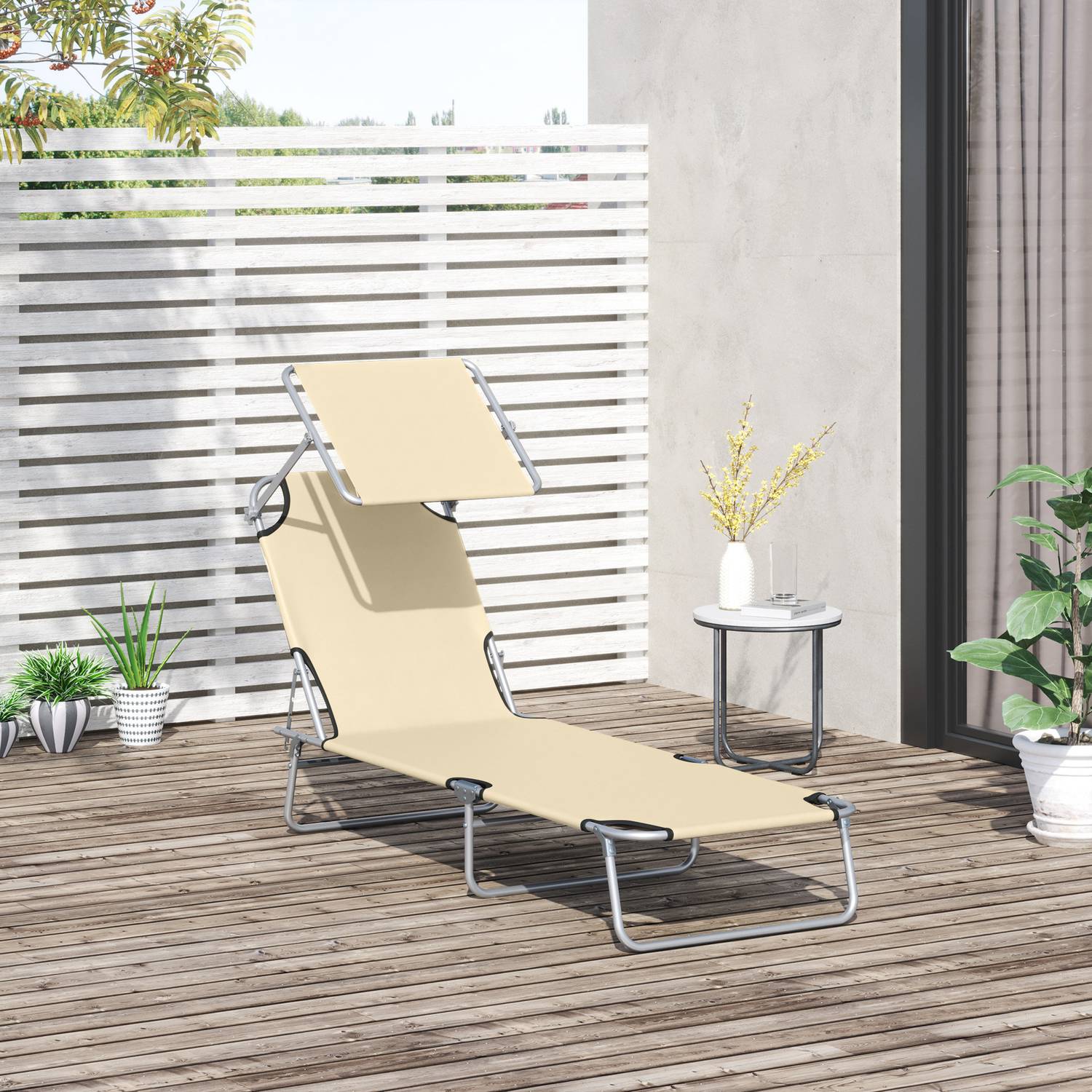 Hopfällbar solstol med solskydd, Beige, 187x58x36 cm