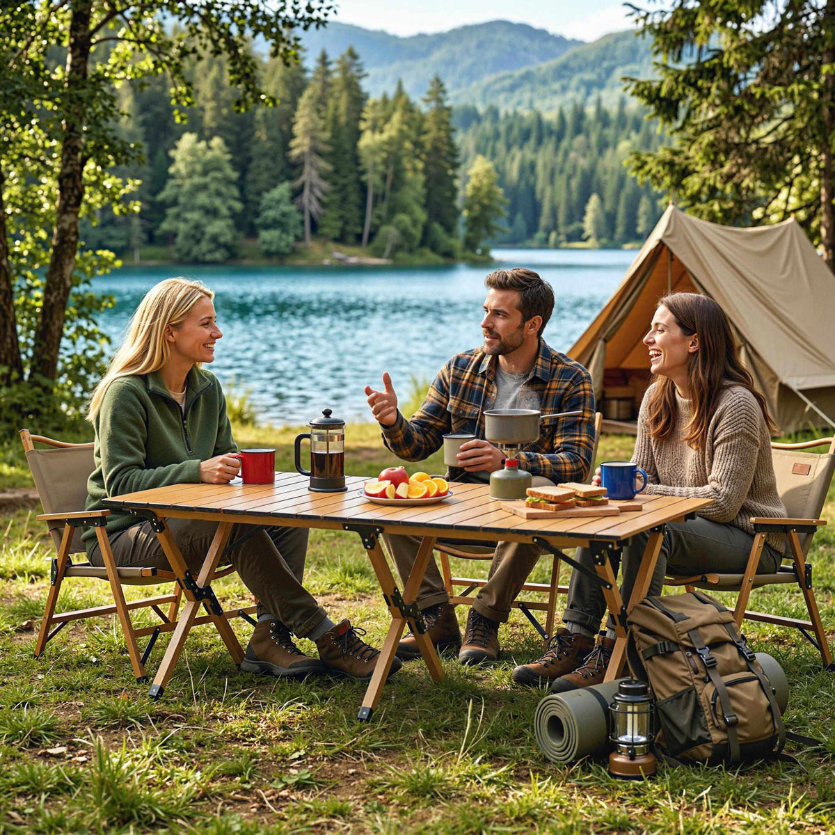 Sammenleggbart campingbord i aluminium, 117 x 60 cm, sammenleggbart med treutseende