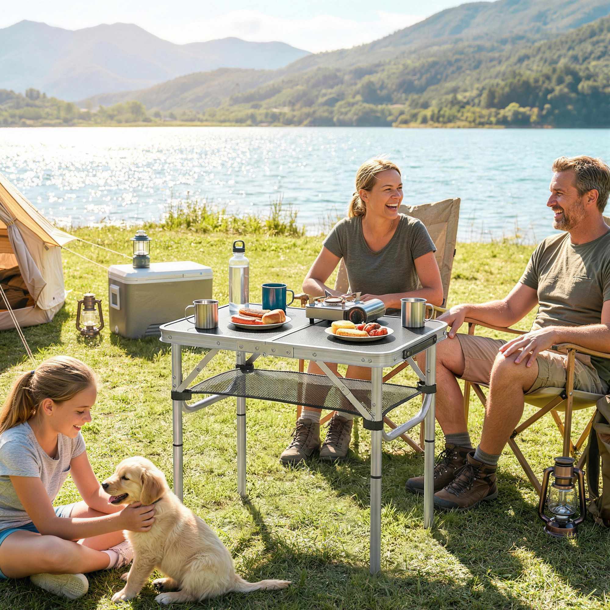 Hopfällbart campingbord med nät, justerbar höjd, aluminium