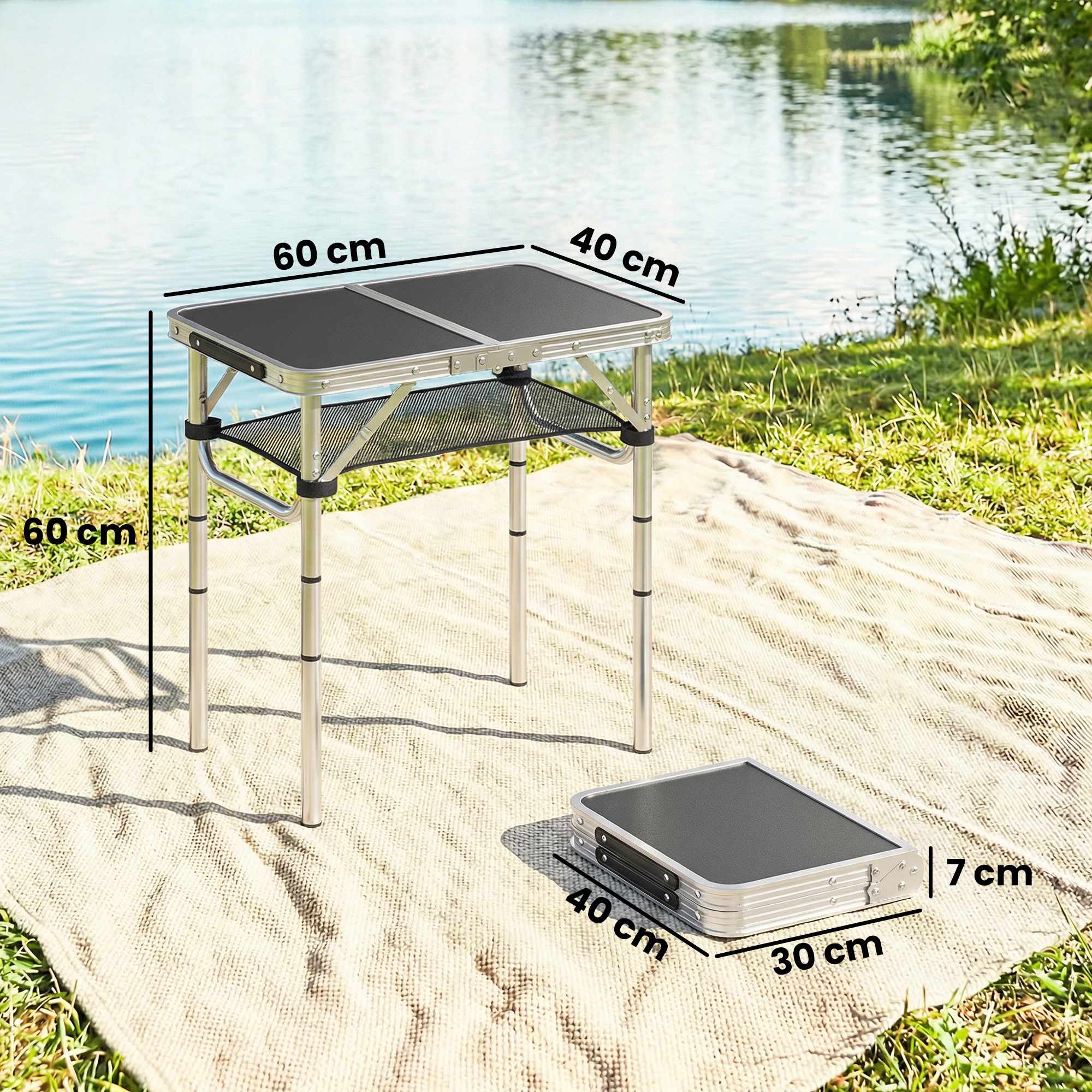 Hopfällbart campingbord med nät, justerbar höjd, aluminium