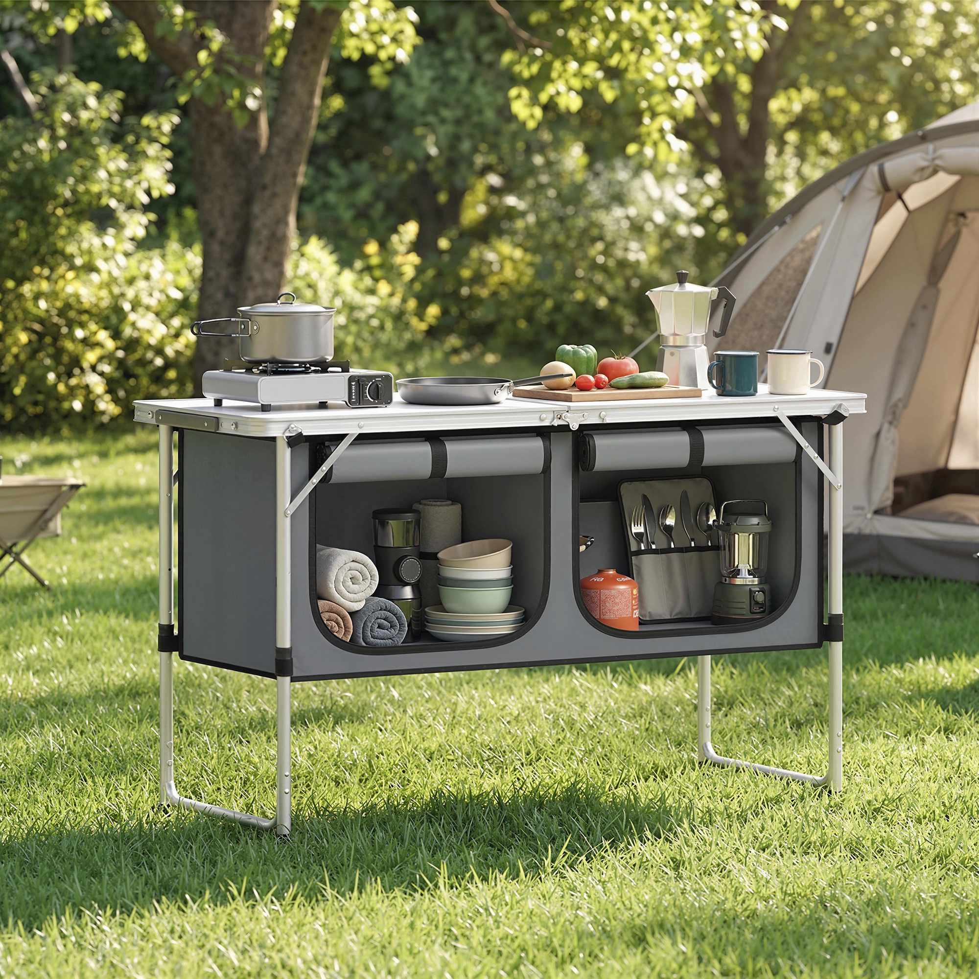 Hopfällbart campingkök med aluminiumram och förvaring