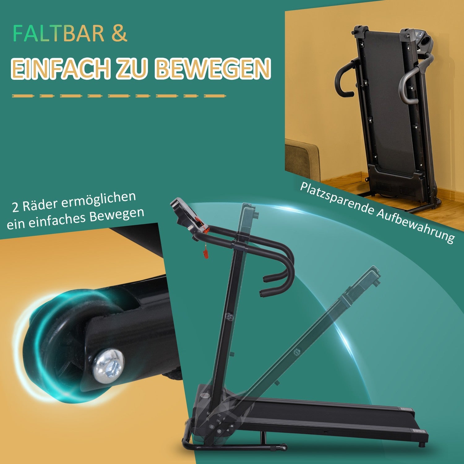 Hopfällbart elektriskt löpband, 500W, LCD, Telefonhållare, Svart