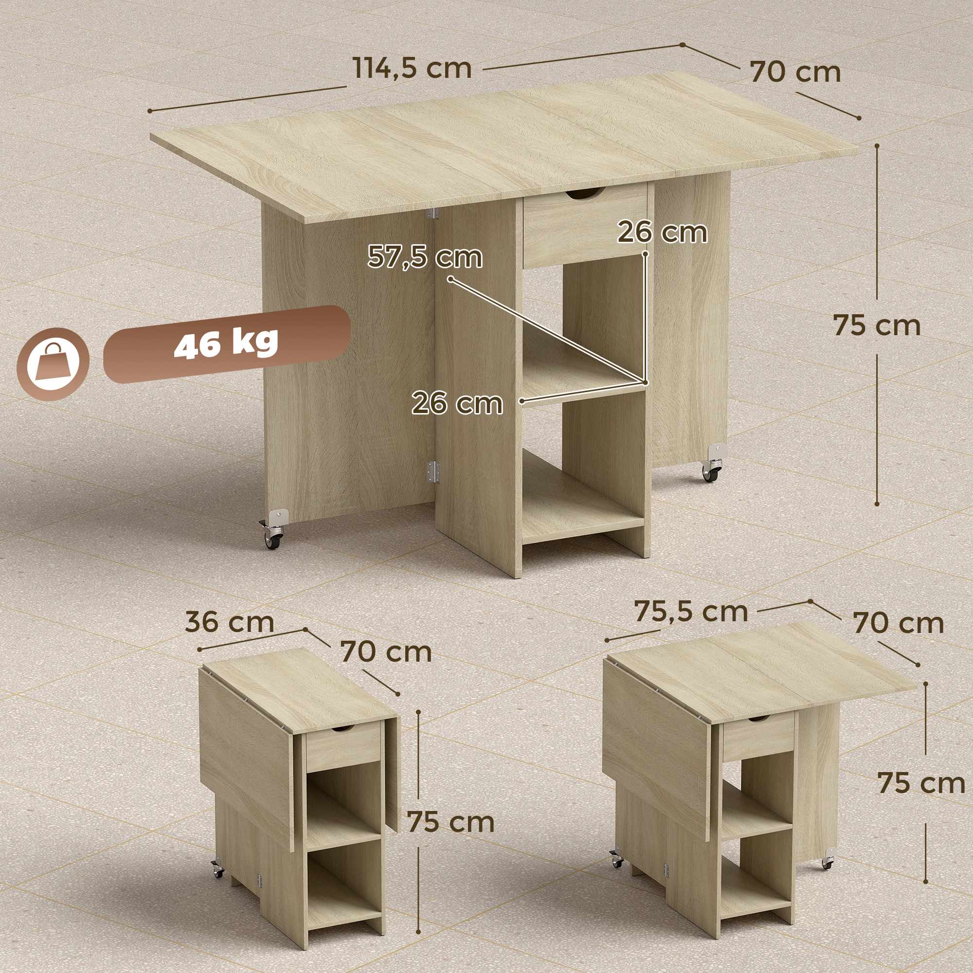 Hopfällbart matbord för 2-4 personer, rullande med låda, naturträ