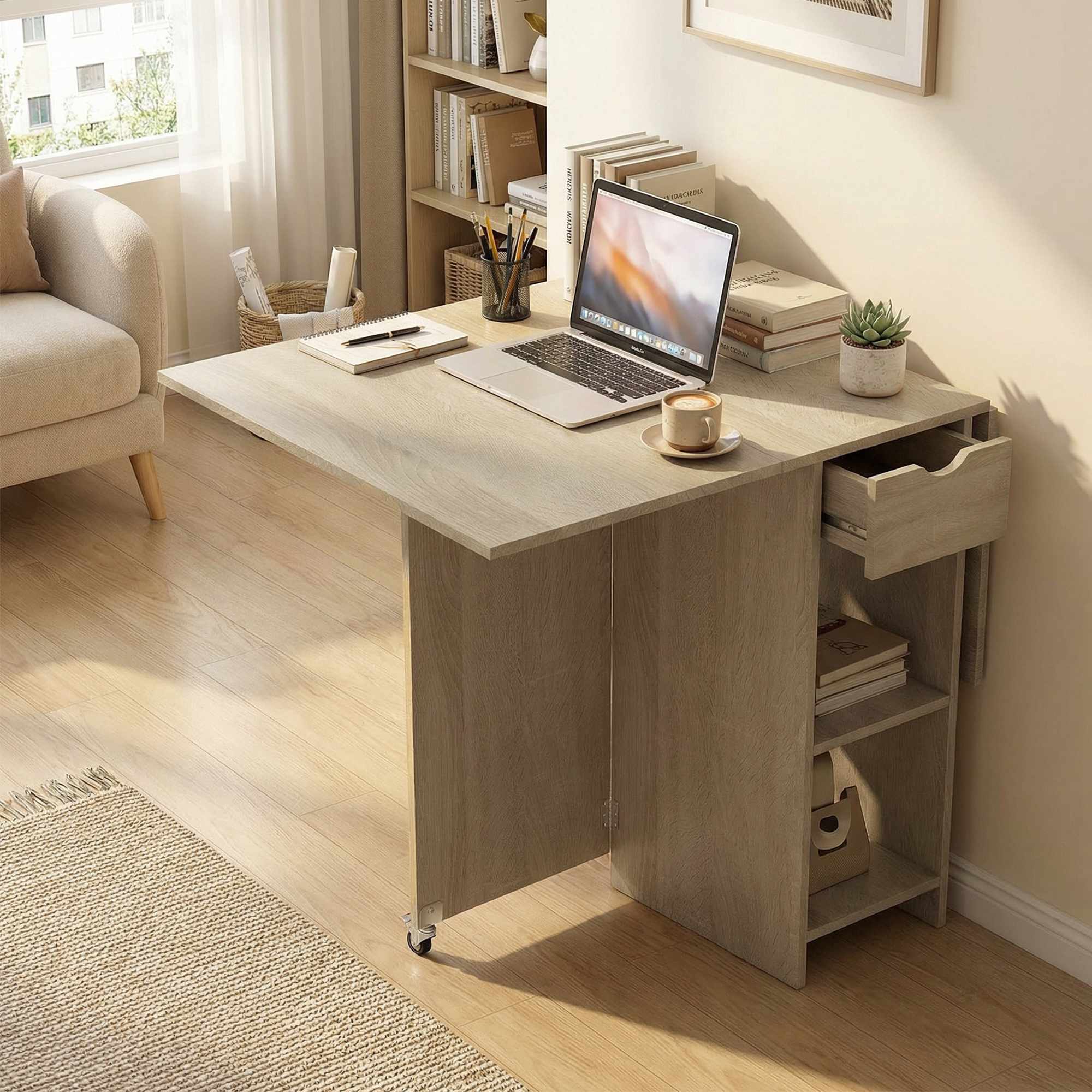 Hopfällbart matbord för 2-4 personer, rullande med låda, naturträ