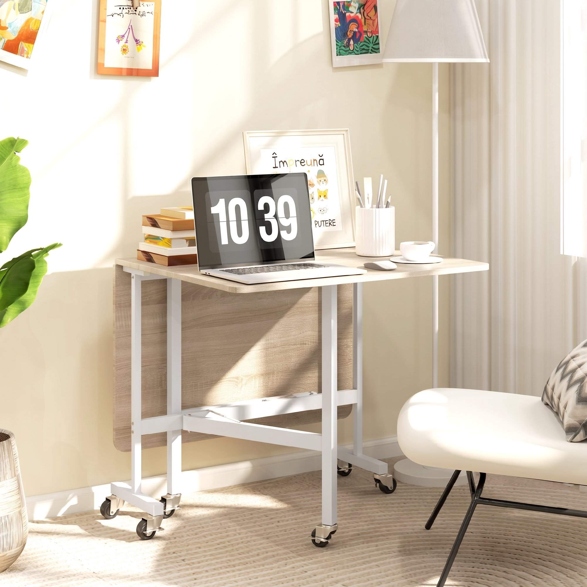 Hopfällbart matbord för 6 personer, ek, 6 låsbara hjul