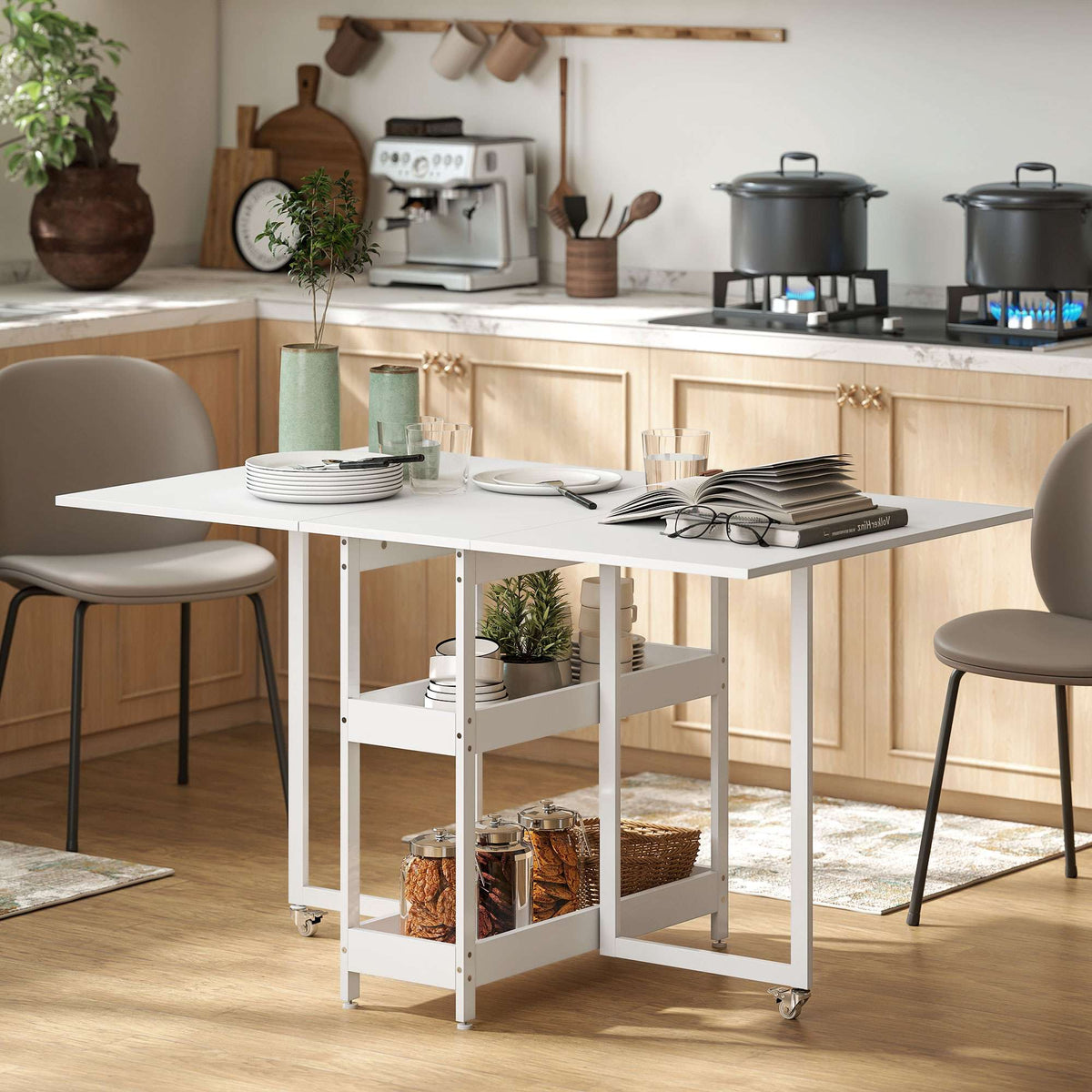Hopfällbart matbord, industriell design, plats för 4, vitt