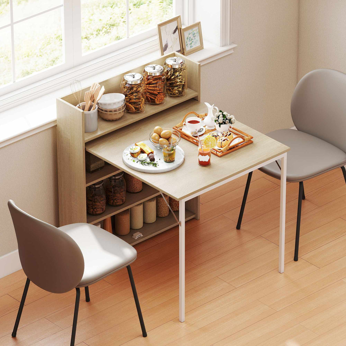 Sammenleggbart spisebord med hylle, industriell design, eik, plassbesparende