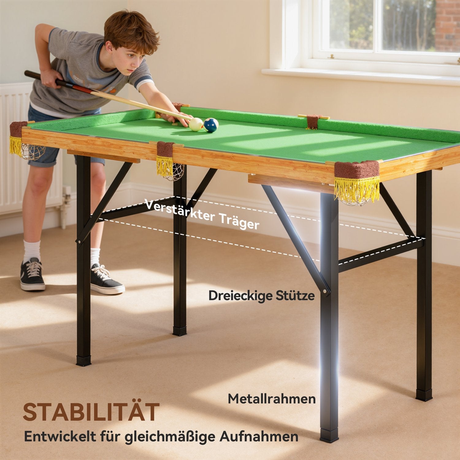 Hopfällbart minibiljardbord, 2 biljardköer, 16 bollar, grönt