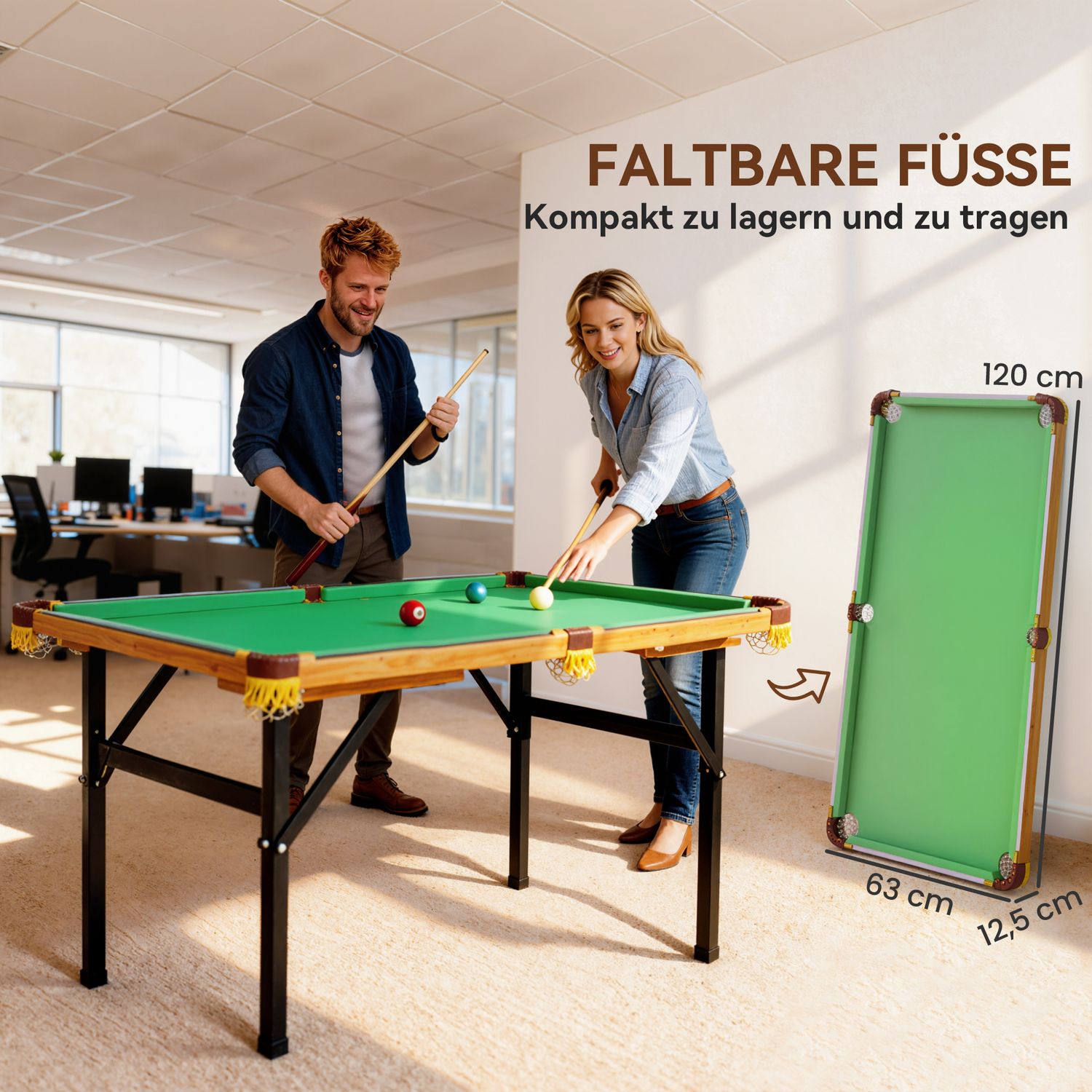 Hopfällbart minibiljardbord, 2 biljardköer, 16 bollar, grönt