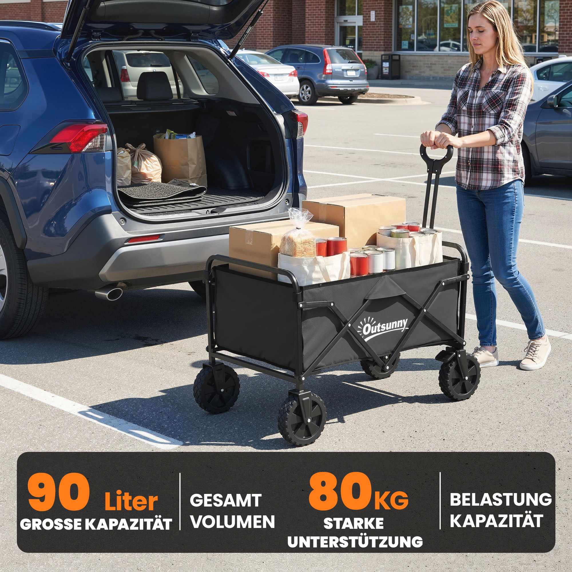 Hopfällbar trädgårdsvagn med justerbart handtag, svart, 80 kg kapacitet