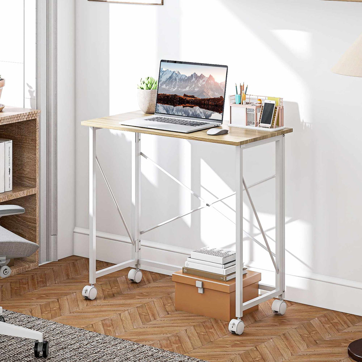 Sammenleggbart skrivebord med hjul, plassbesparende, stål og MDF, naturfarget