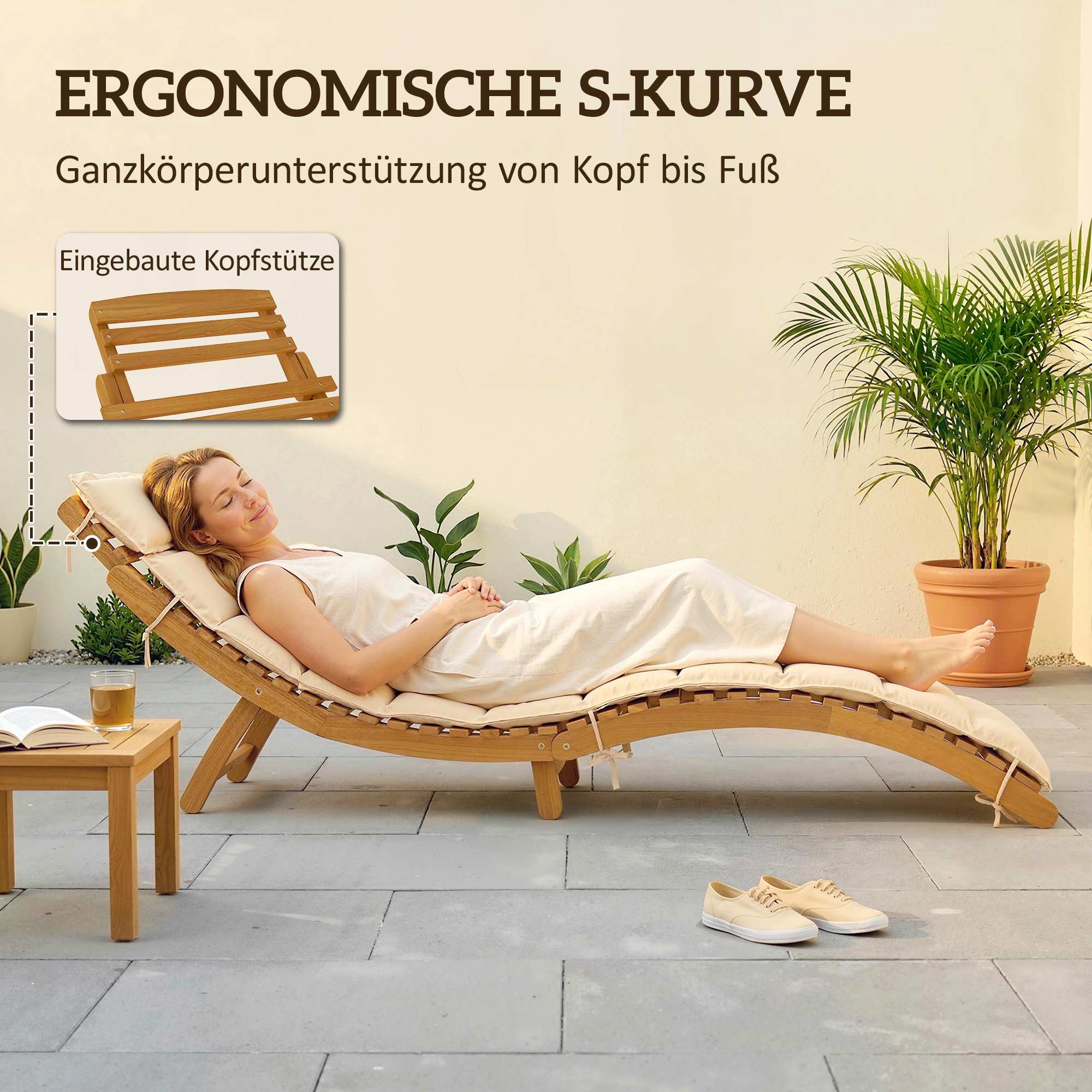 Hopfällbar väderbeständig solsäng i trä med dyna, beige