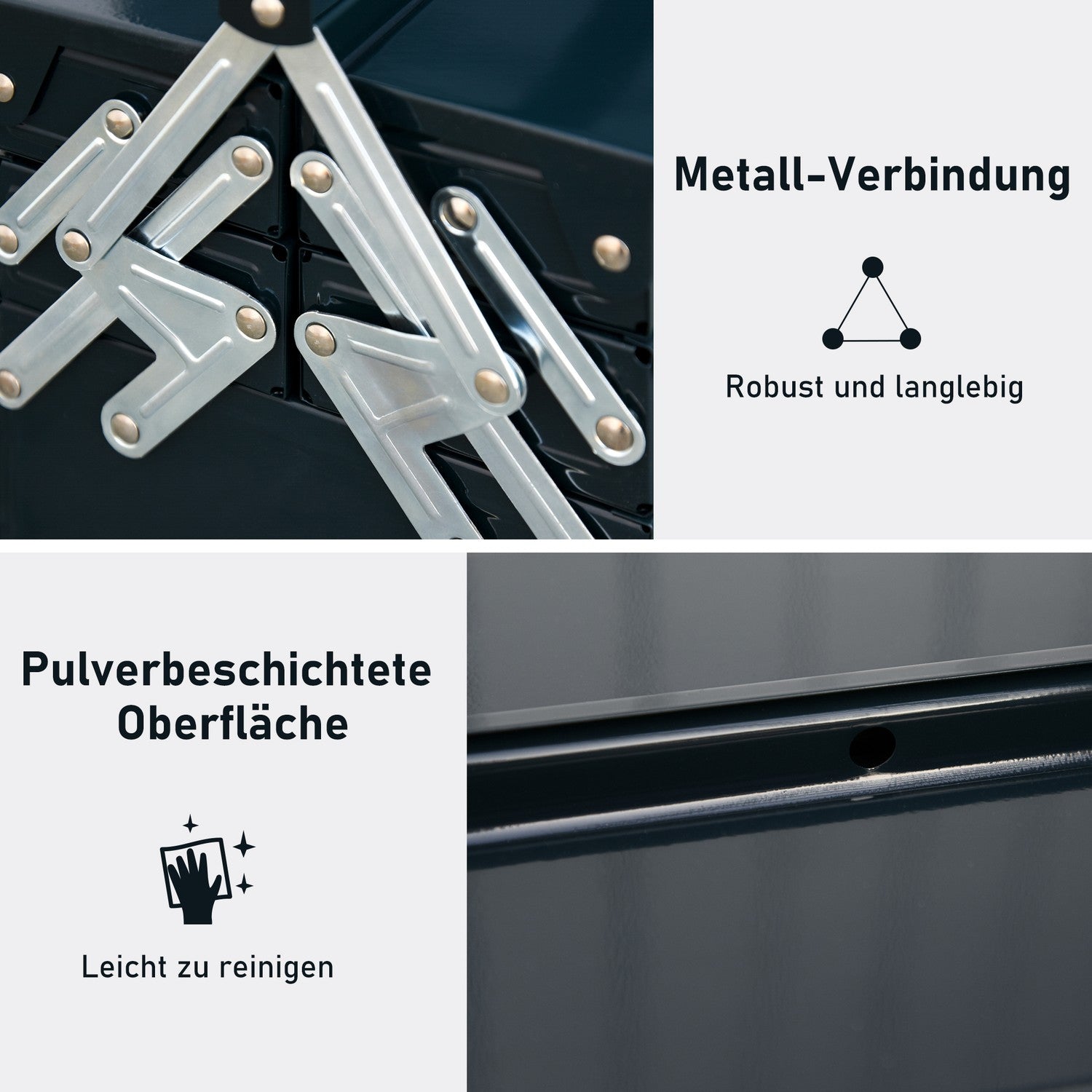 Hopfällbar verktygslåda i stål, 5 fack, mörkgrön, 57x21x41 cm