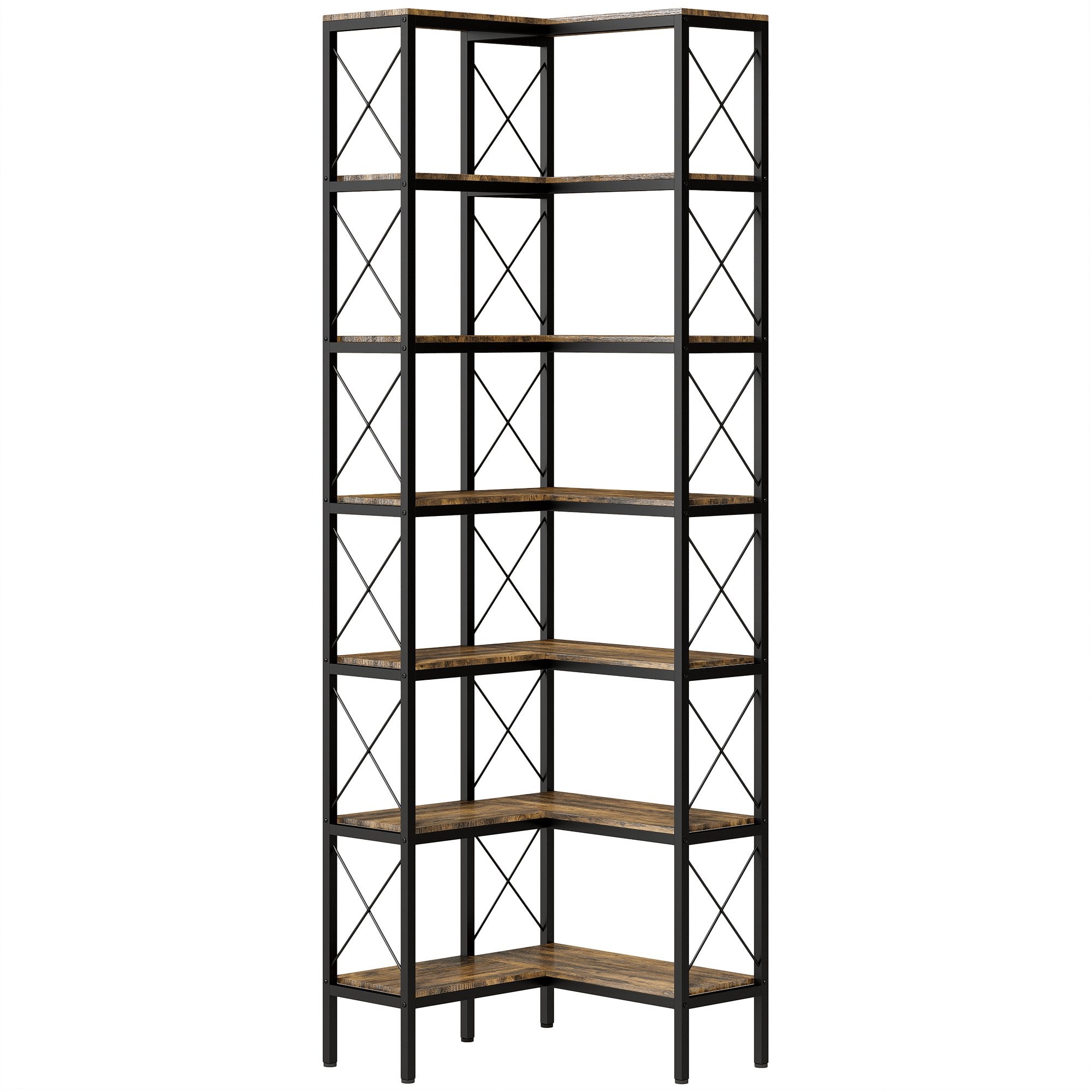 Hörnbokhylla, L-formad 6-våningar, metallram, 200 cm