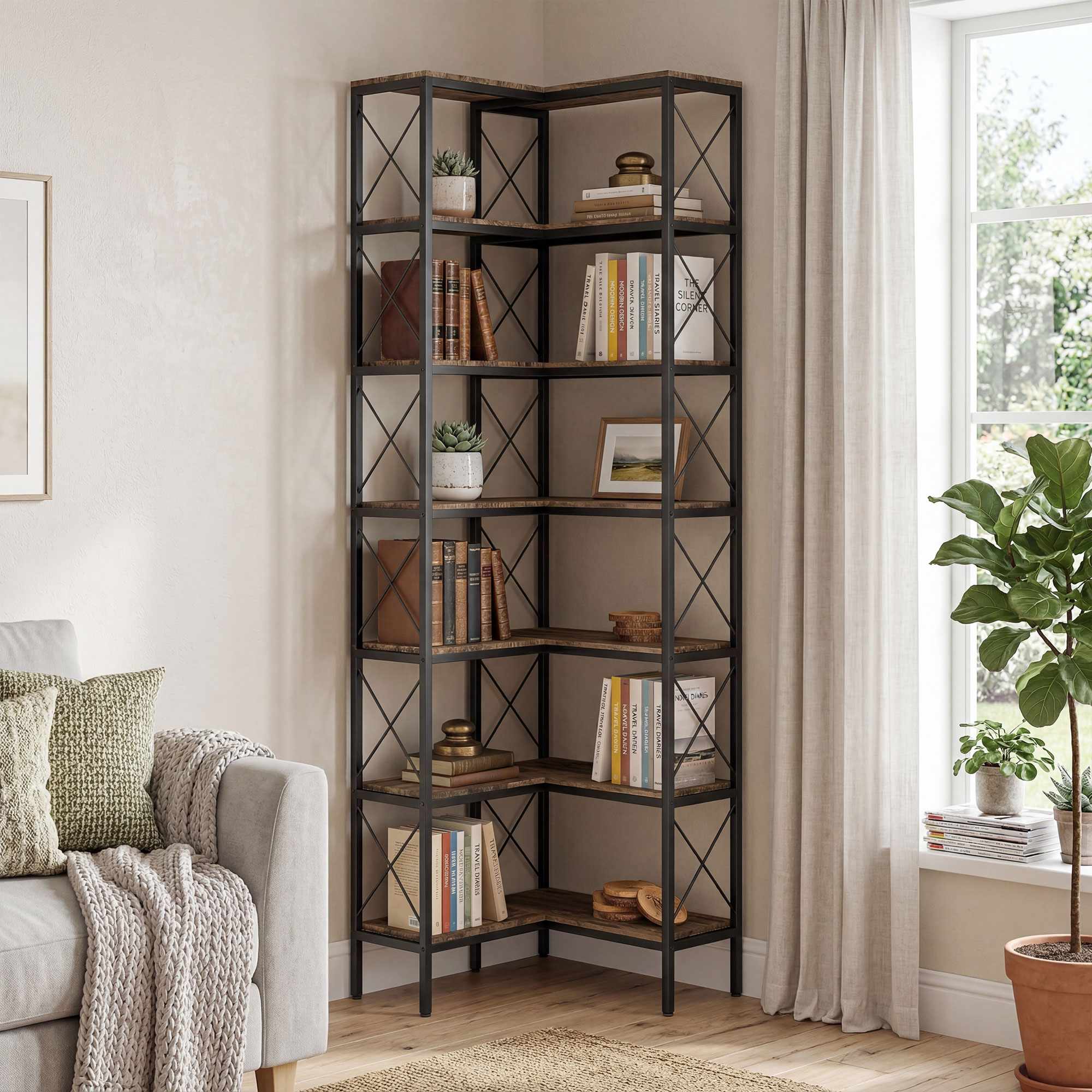 Hörnbokhylla, L-formad 6-våningar, metallram, 200 cm