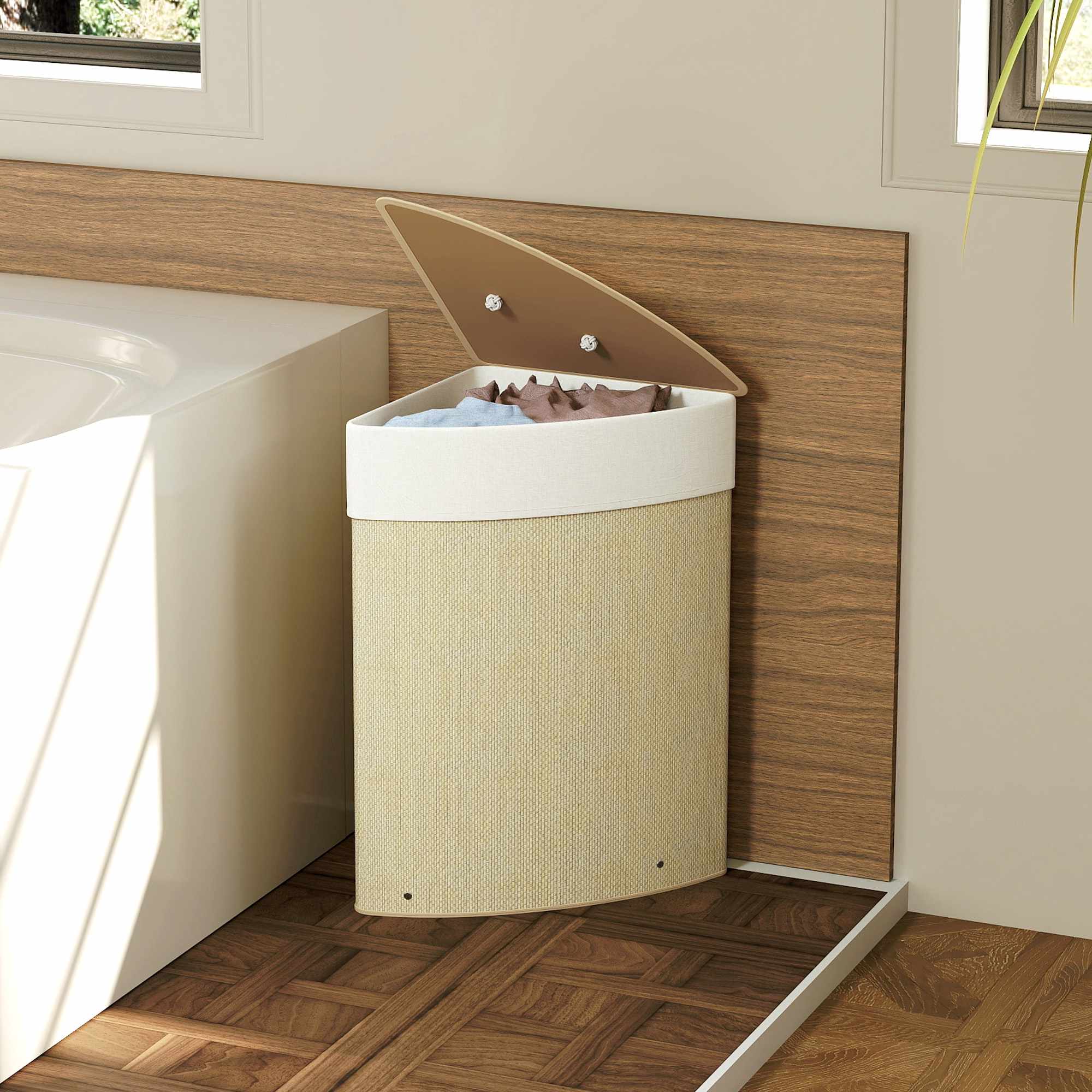 Hörntvättkorg i bambu med lock, 55 l, krämfärgad