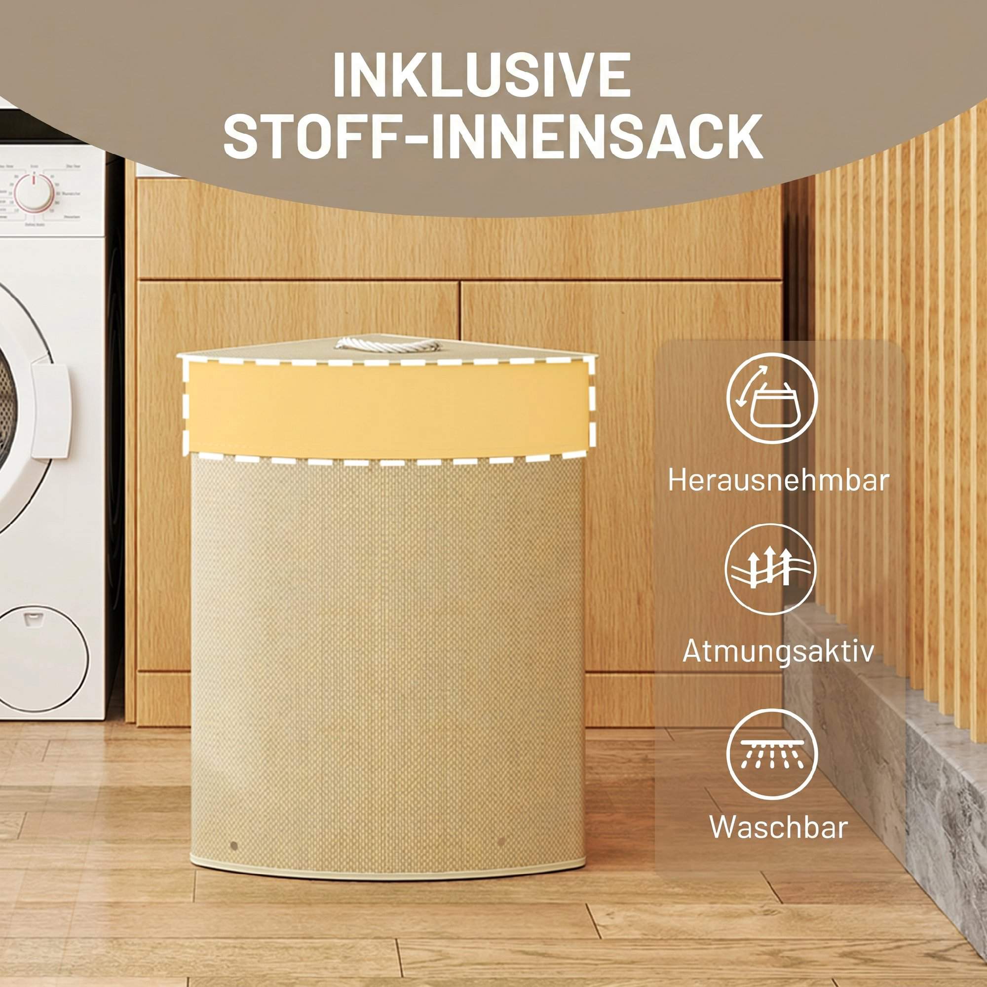 Hörntvättkorg i bambu med lock, 55 l, krämfärgad