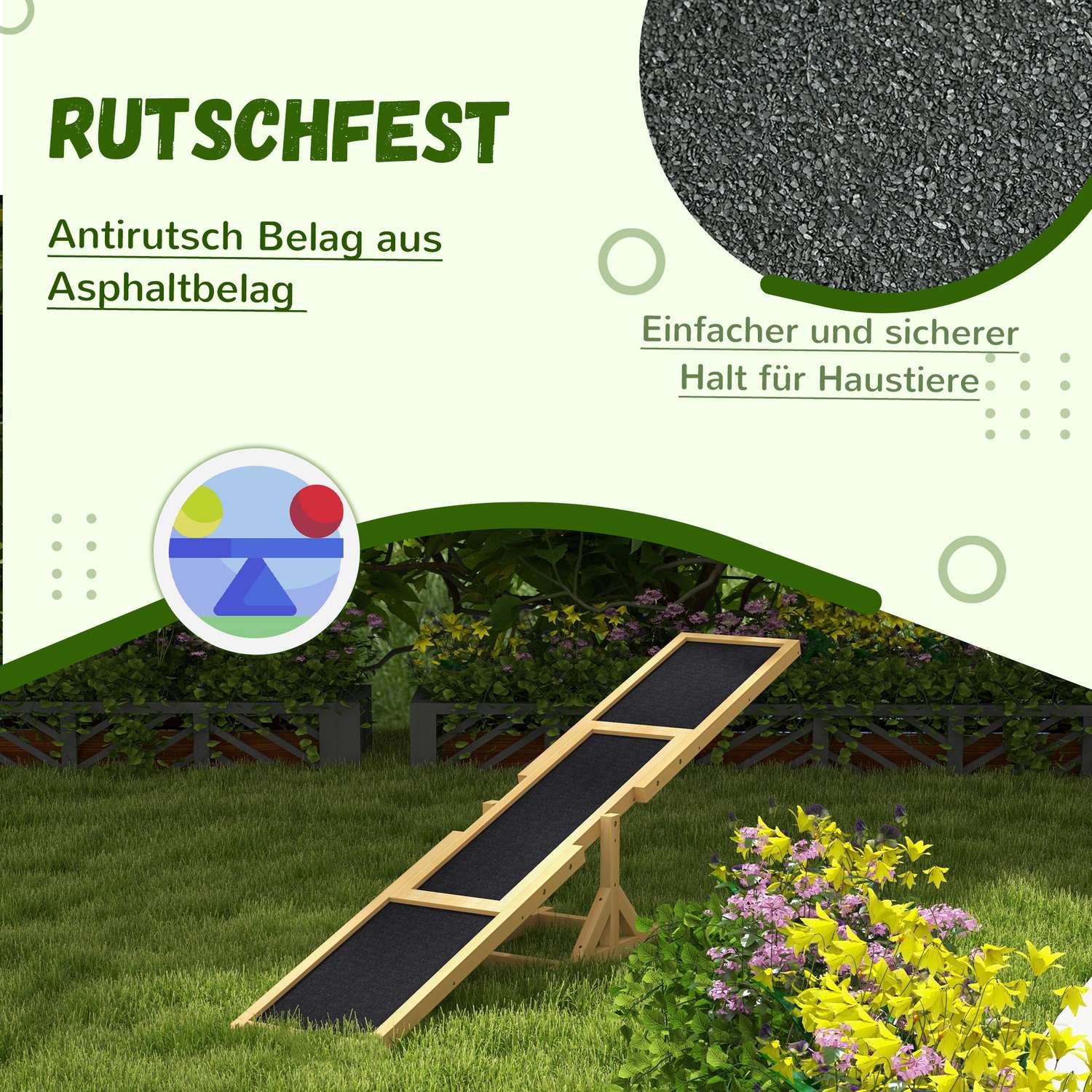 Hund Agility gungbräda i trä, halkfri, 180 cm, under 30 kg