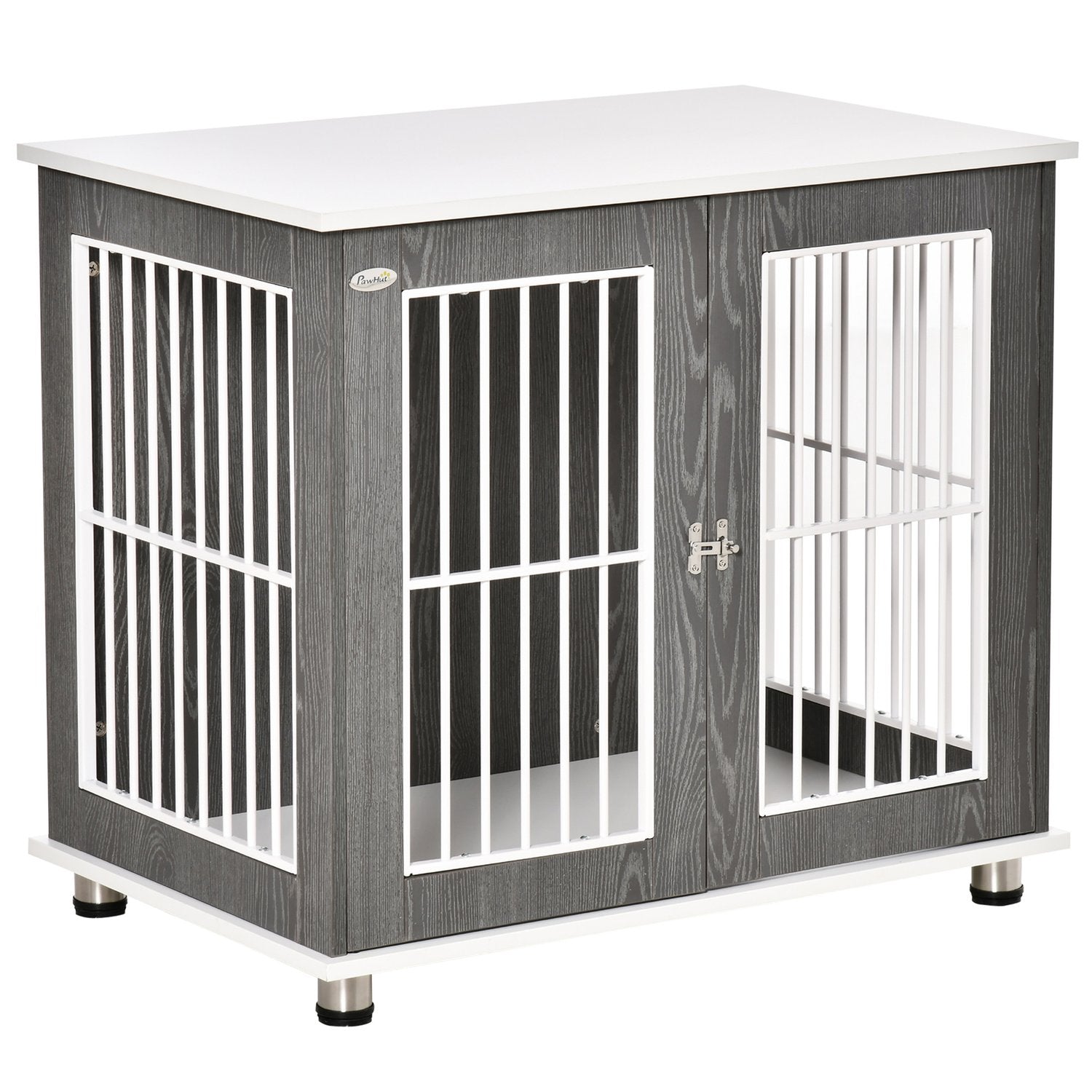 Hundkennel i trä med kudde och bordsskiva, grå/vit 85x55x75cm