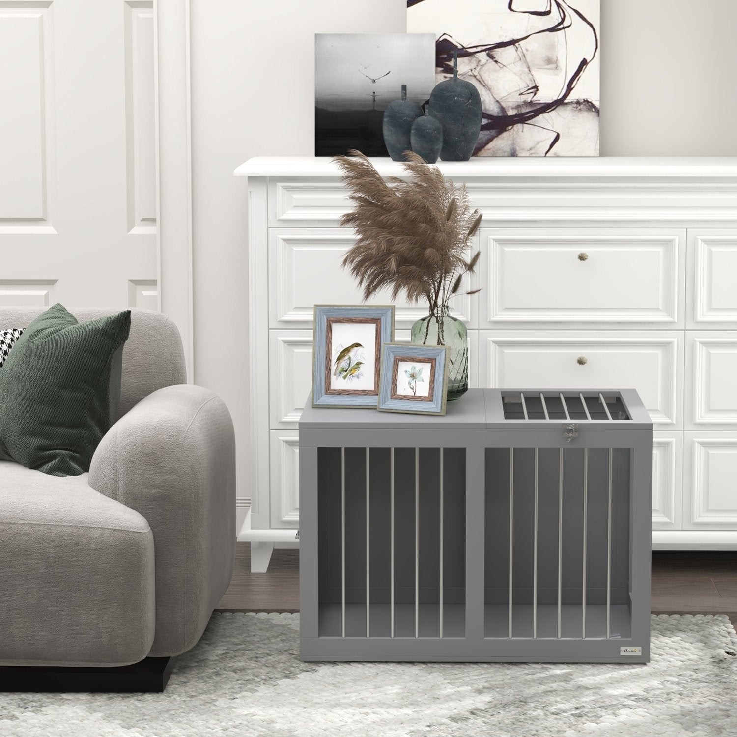 Mellanstor hundlåda med dörrar – Grå 80 x 50 x 56,5 cm