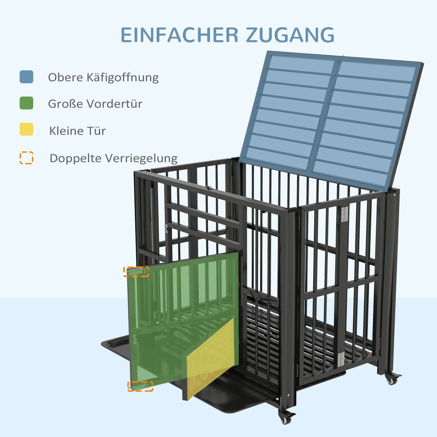 Hundbur i stål med hjul & dubbla dörrar, 94x58x78 cm