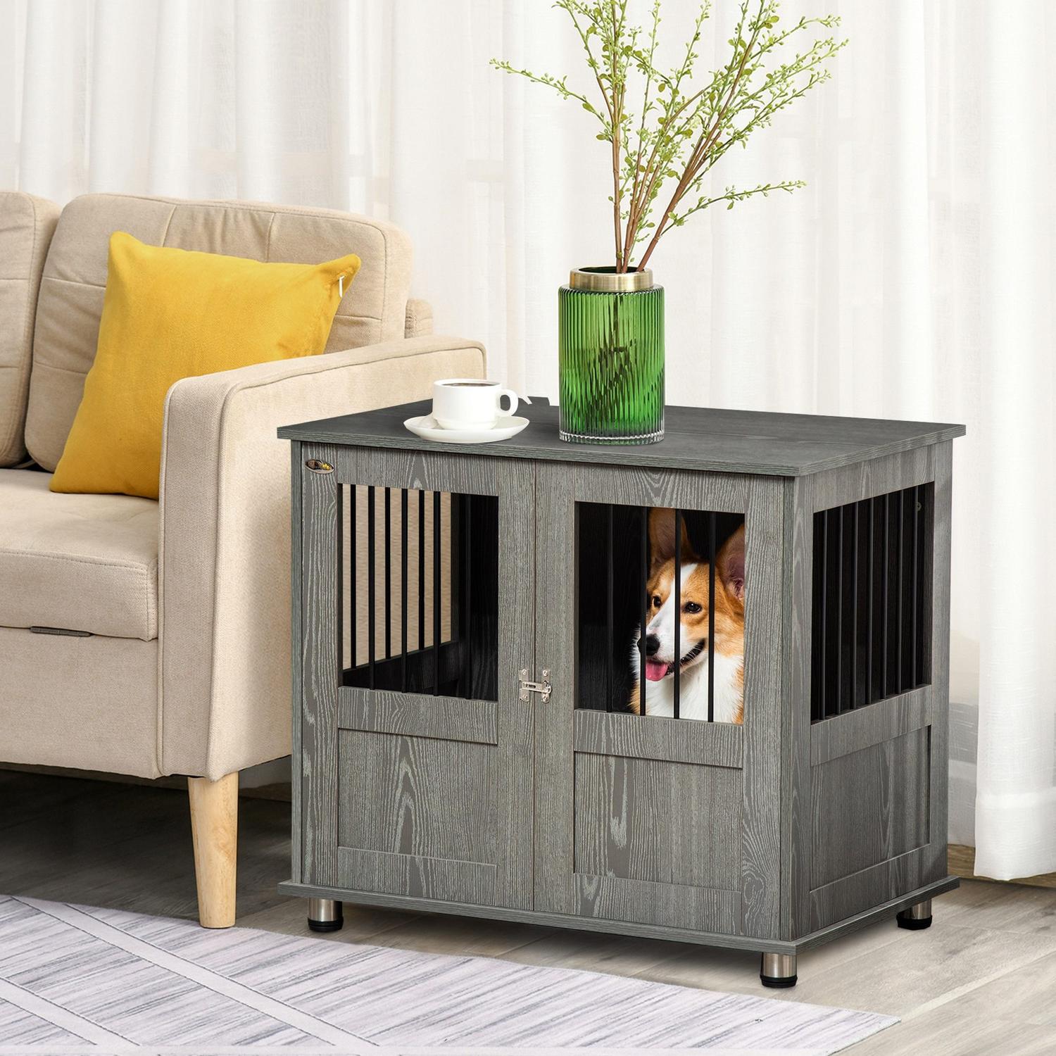 Hundkennel inomhus med Lås & Fönster, Grå, 85x55x87 cm