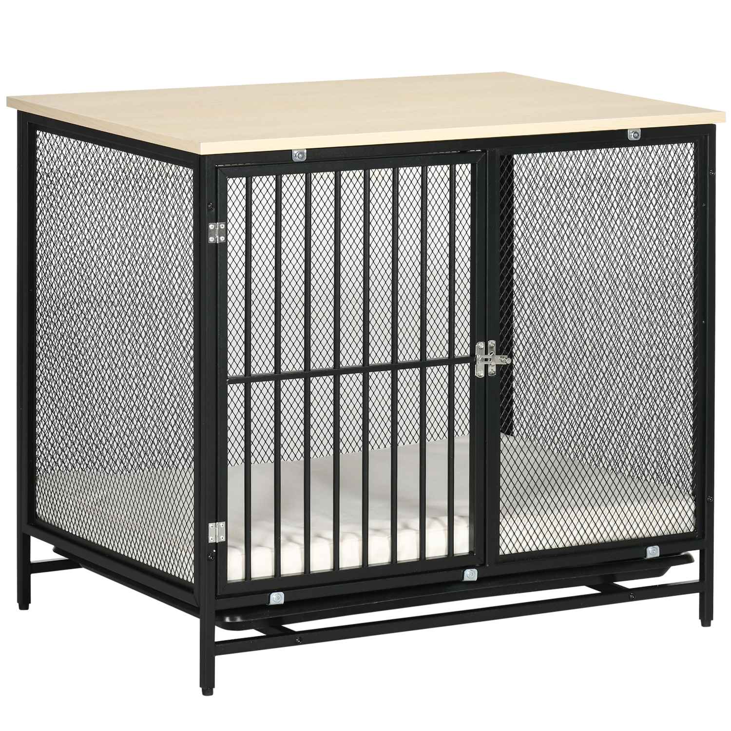 Hundbur med kudde, utdragbar bricka, ek & svart, 80x55x71 cm