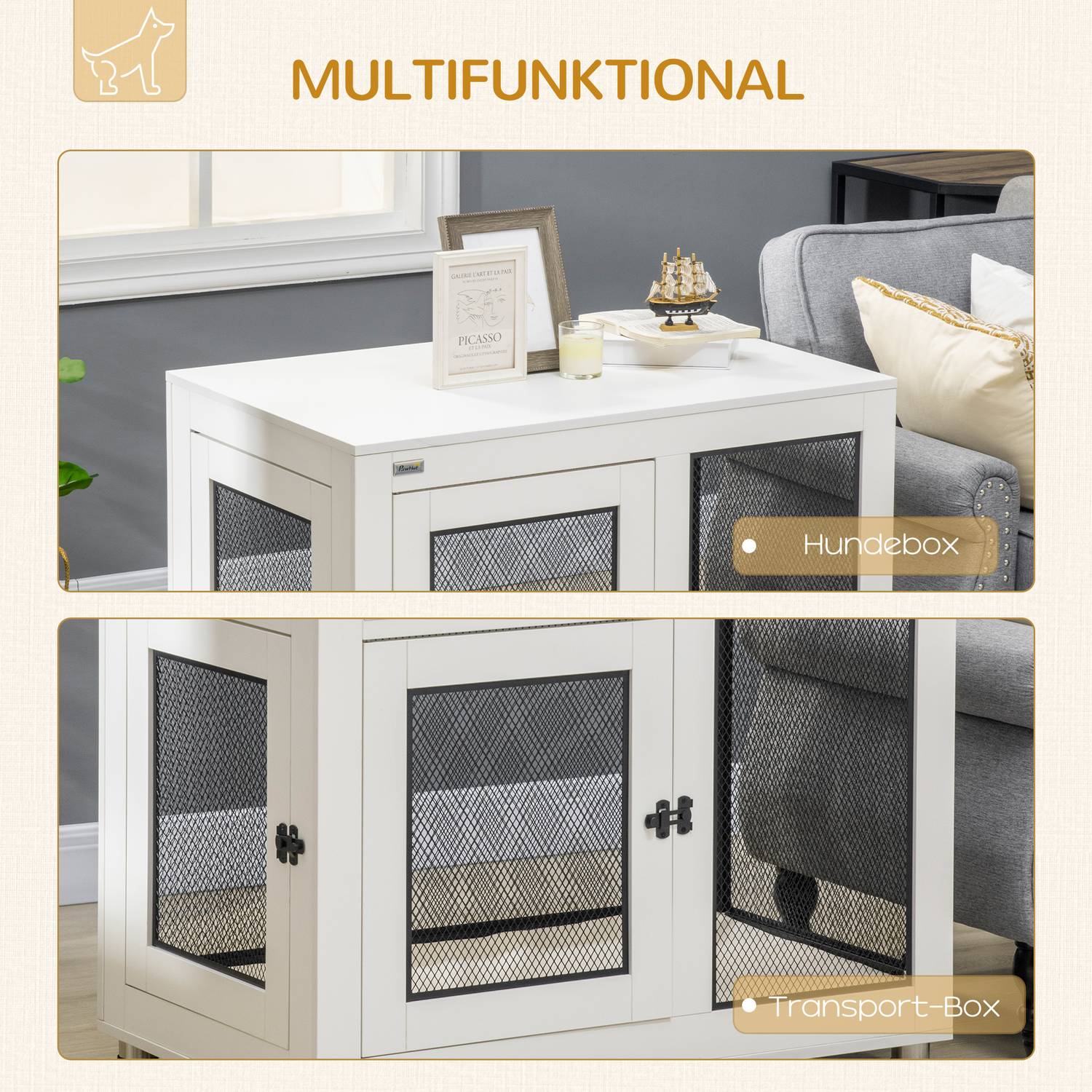 Hundbur med bordsskiva & kudde - inomhus, 2 dörrar, vit/svart