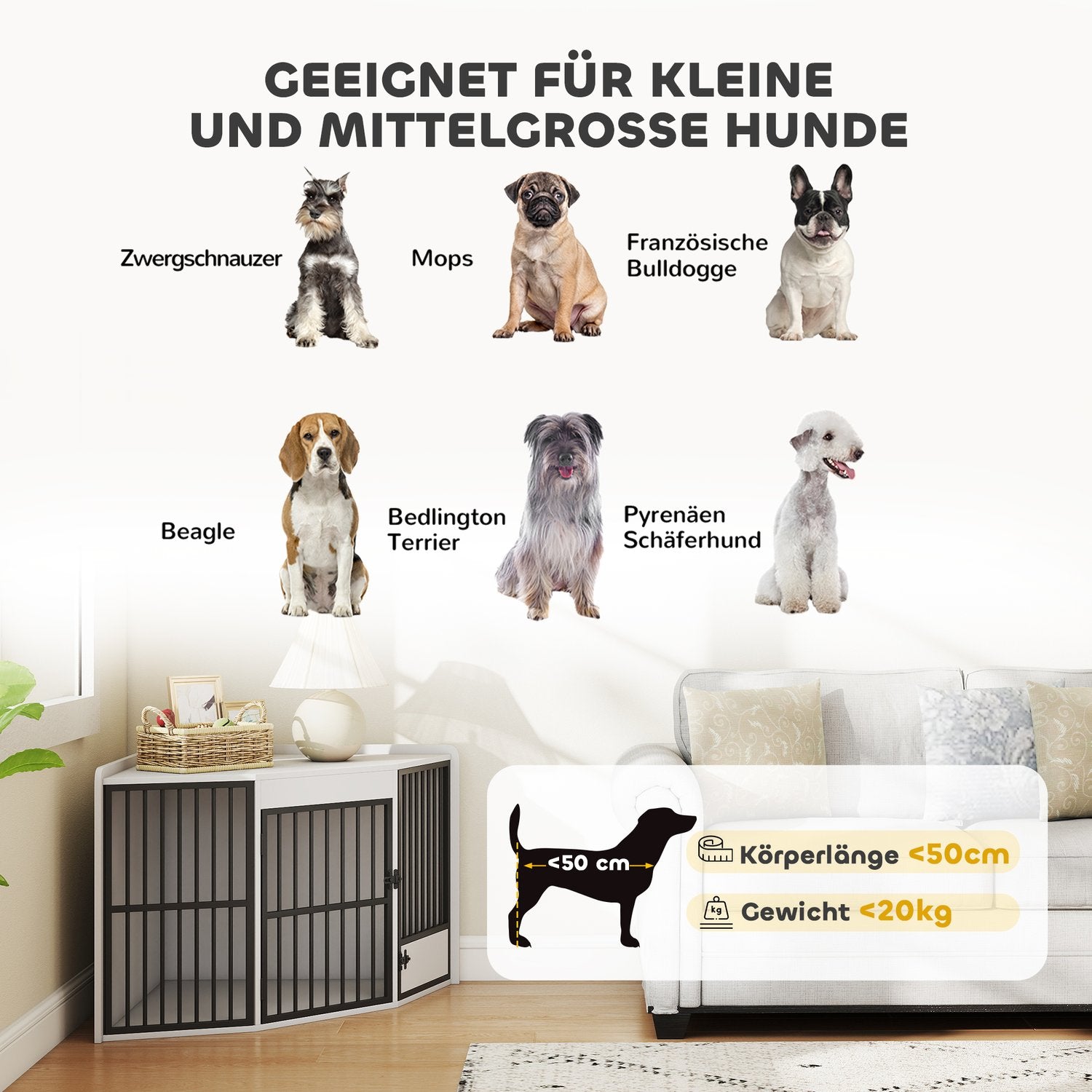 Hundbur med matningsdörr, MDF och metall, vit