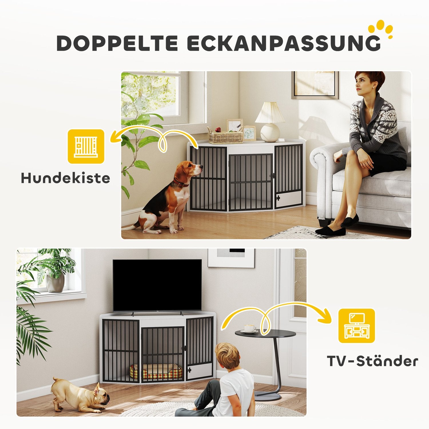 Hundbur med matningsdörr, MDF och metall, vit