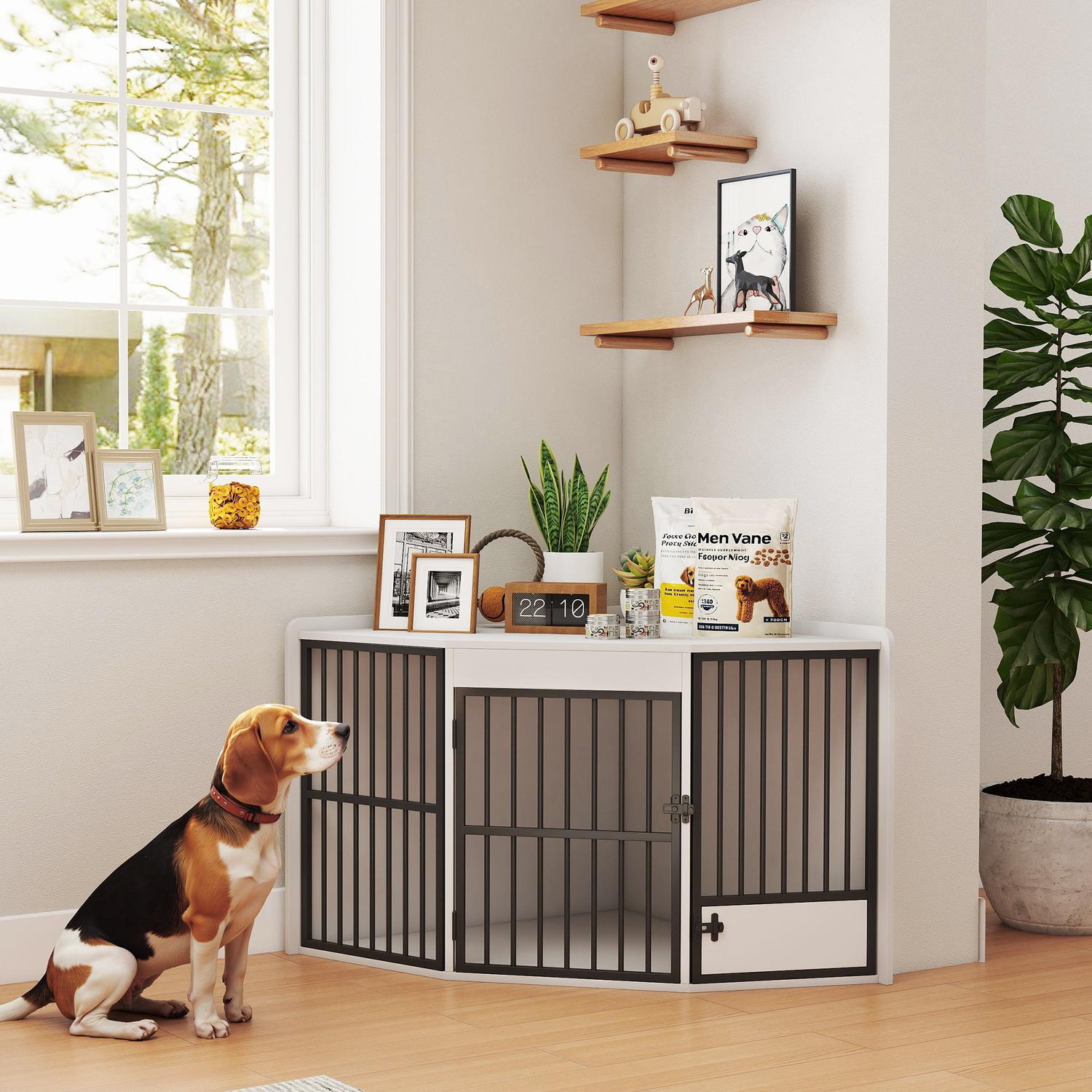 Hundbur med matningsdörr, MDF och metall, vit
