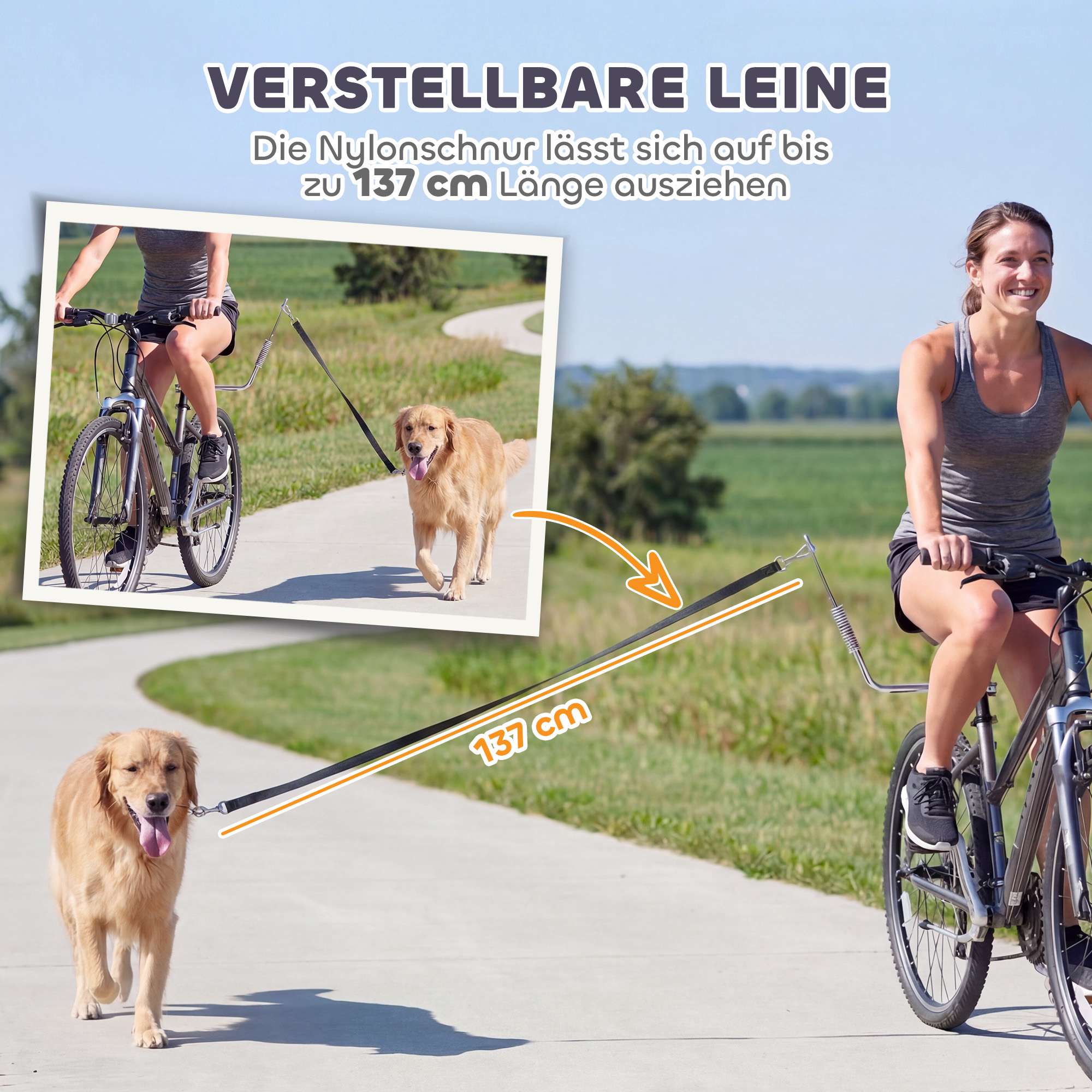 Hundcykelkoppel med stötdämpare, justerbart, silver/svart