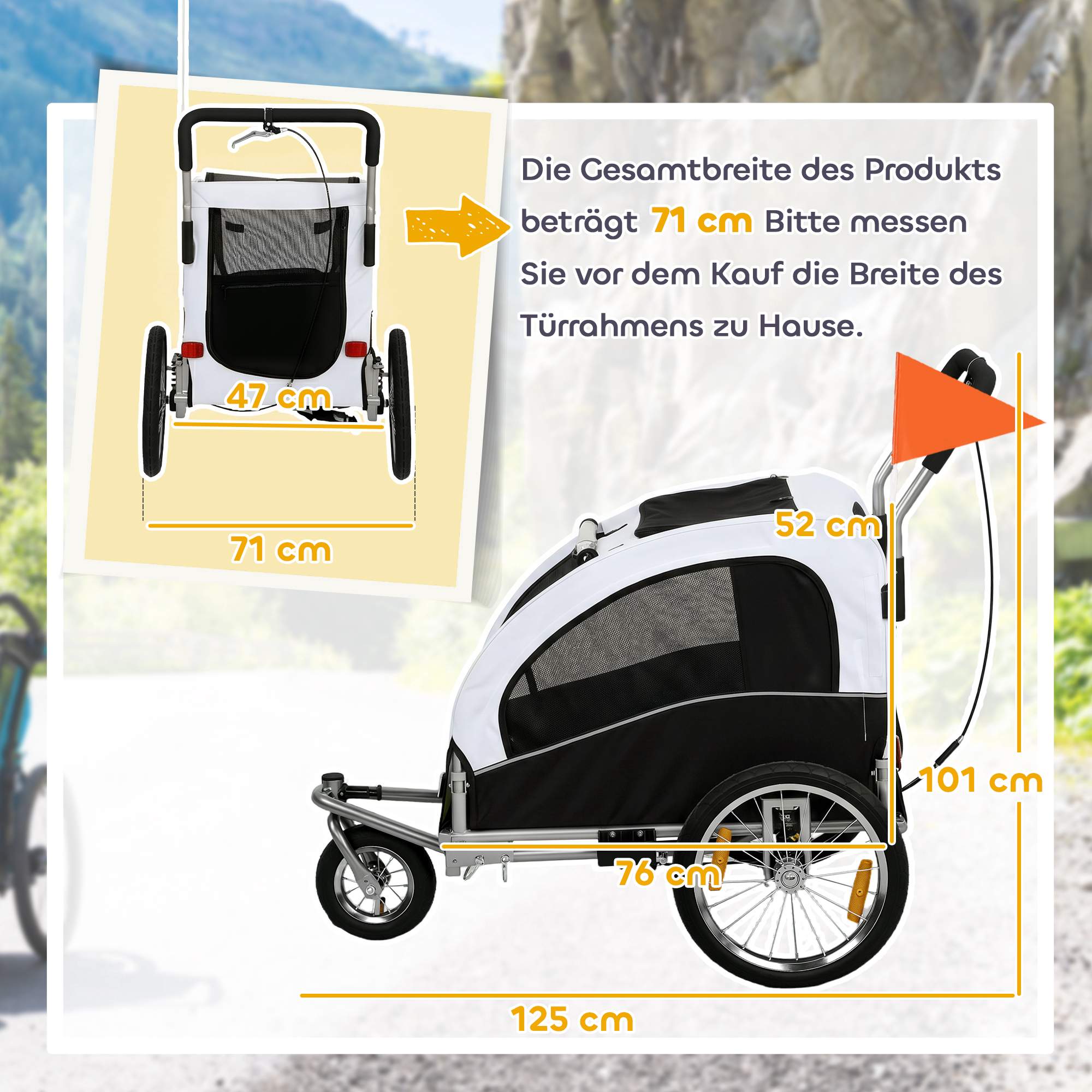 Hundcykelkärra/barnvagn, 2-i-1, Upp till 20 kg, Vit