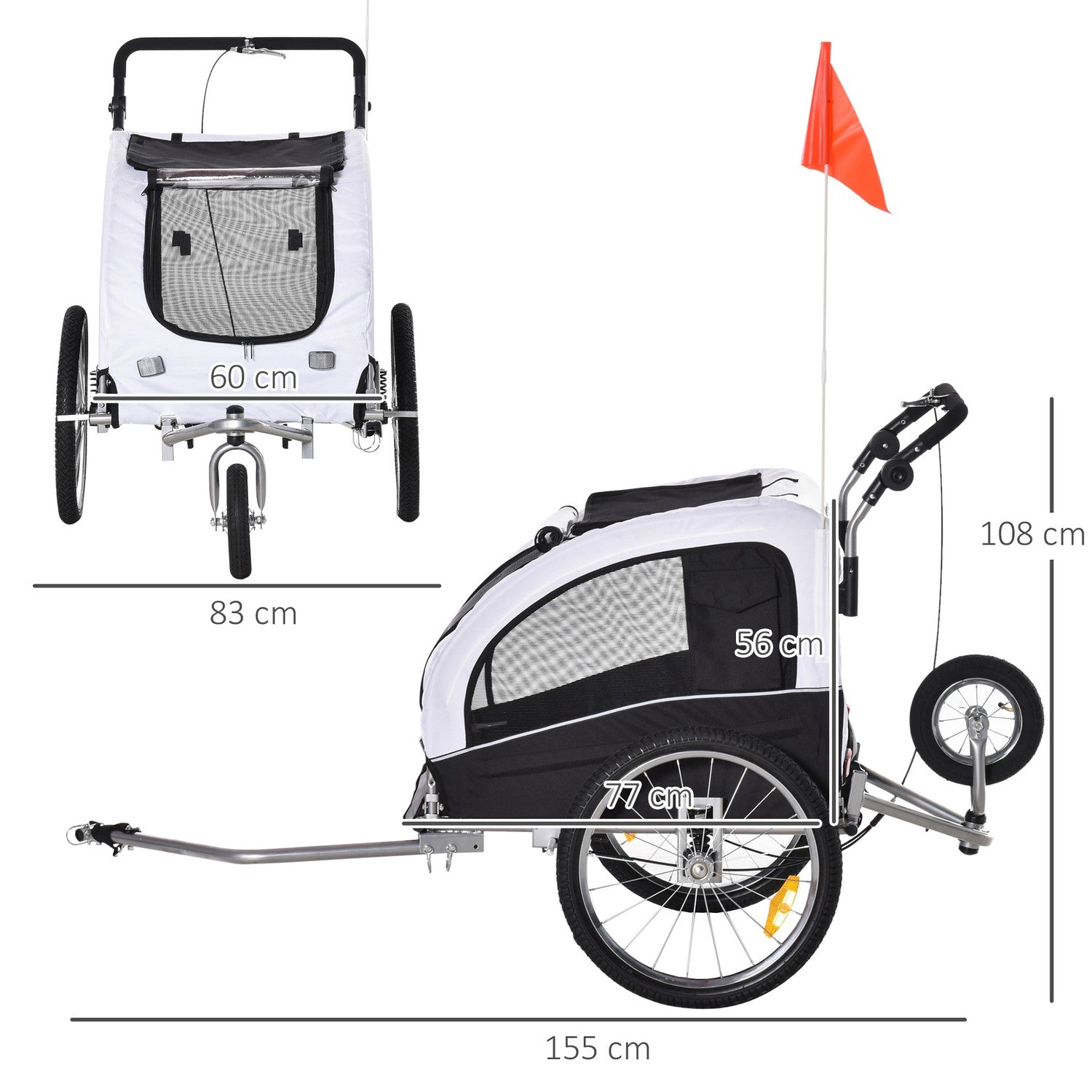 Hundcykelvagn – vit/svart, rymlig, 155 x 83 x 108 cm