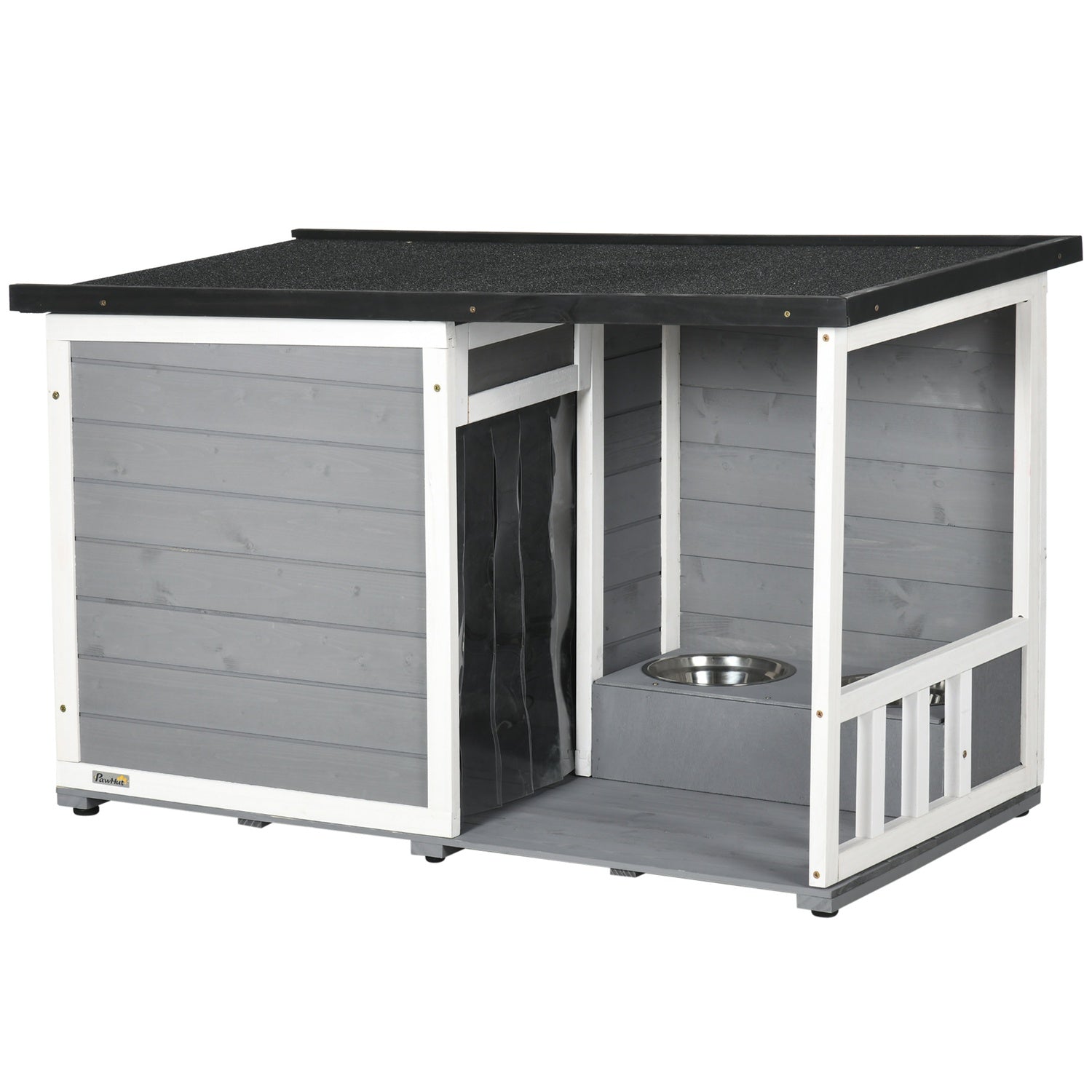 Väderbeständig Gran Wood Dog House med terrass och skålar
