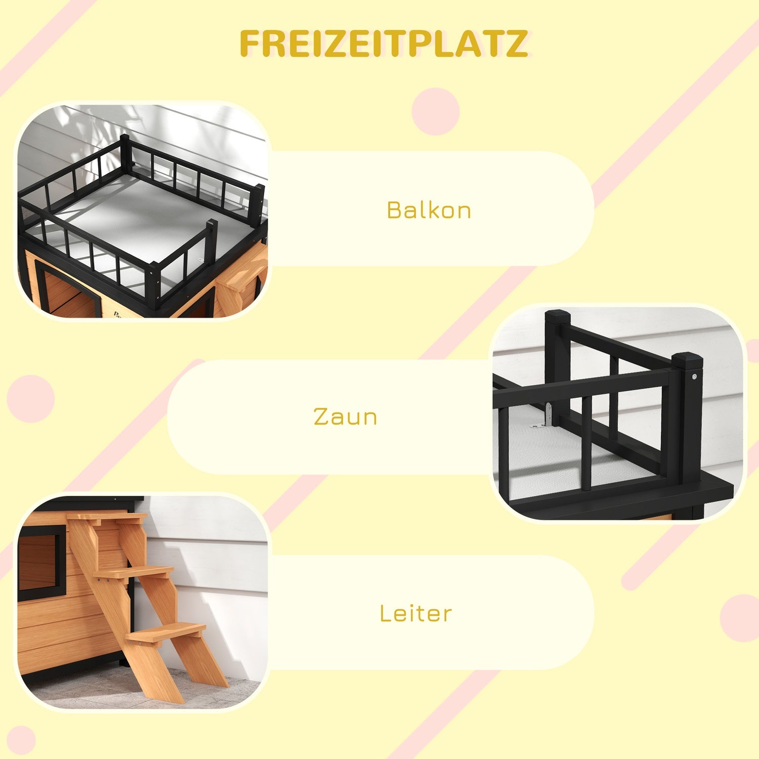 Hundhus med balkong och trappor - granträ, gul