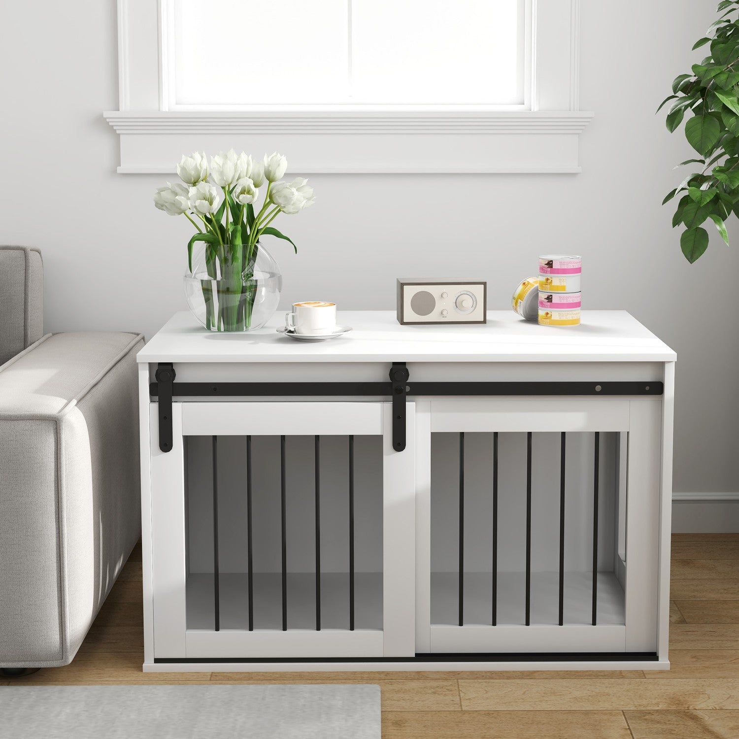 Hundlåda med skjutdörr, ventilation, spånskiva och stål, 98 x 58 x 61 cm, Vit