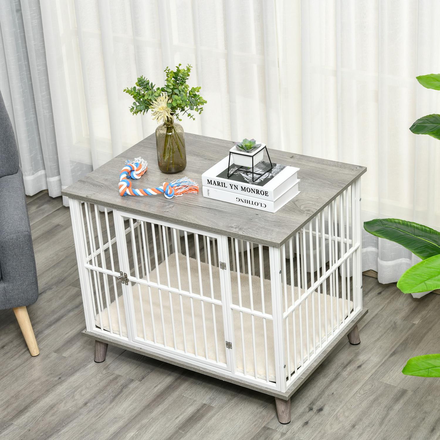 Hundlåda med trälook, bordsskiva, kudde, medium, vit/grå